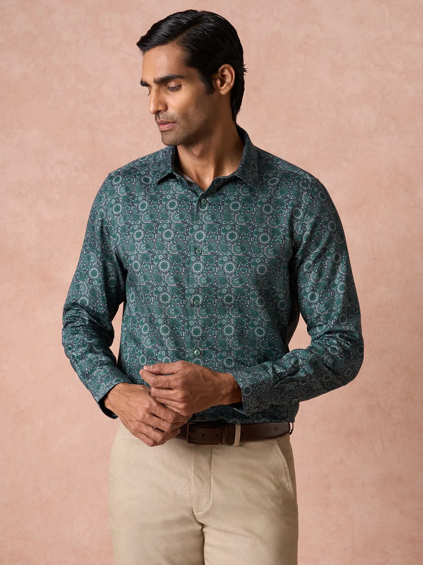 100% Cotton Green Printed Slim Fit Full Sleeve Ceremonial Shirt