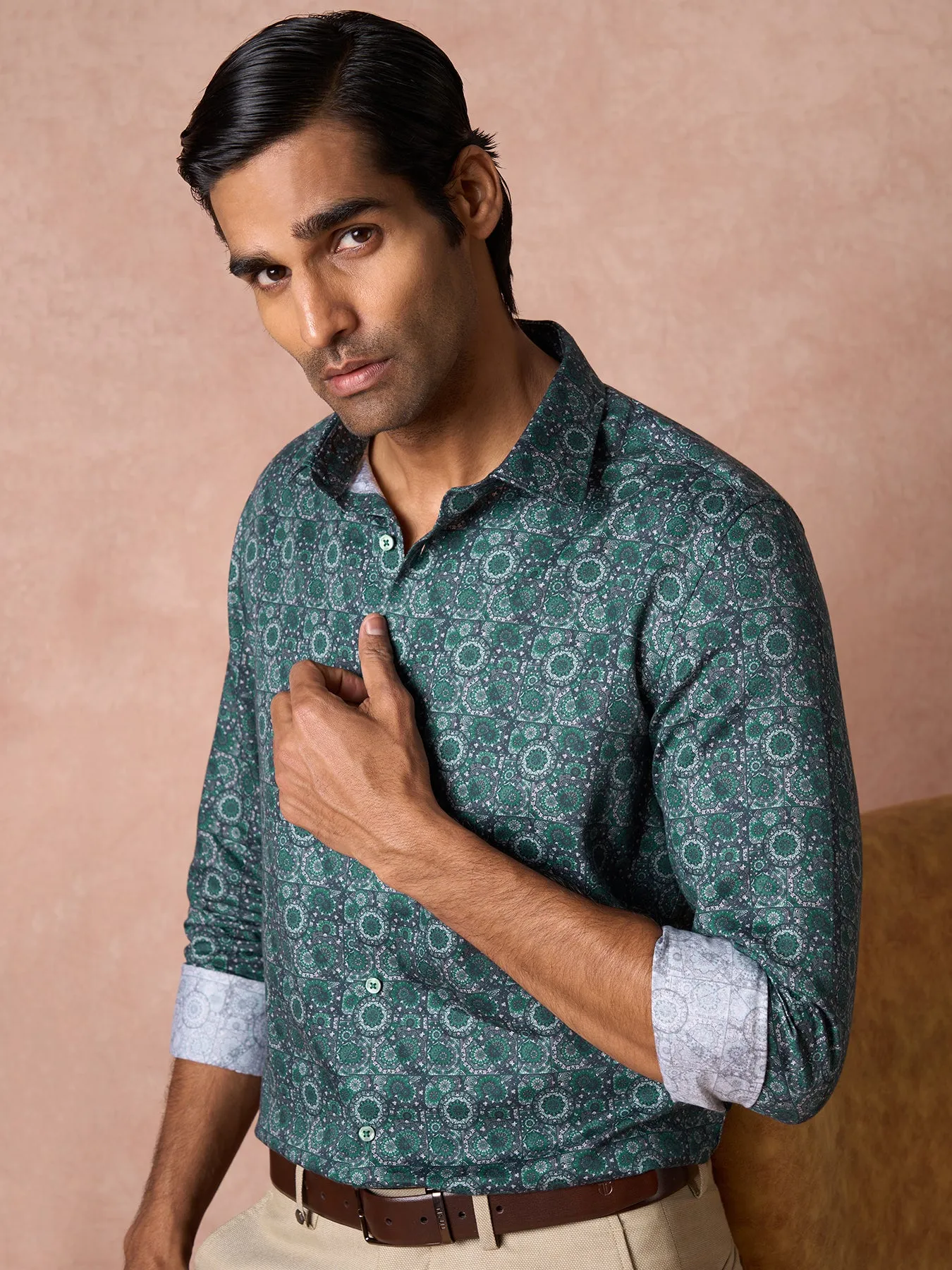 100% Cotton Green Printed Slim Fit Full Sleeve Ceremonial Shirt