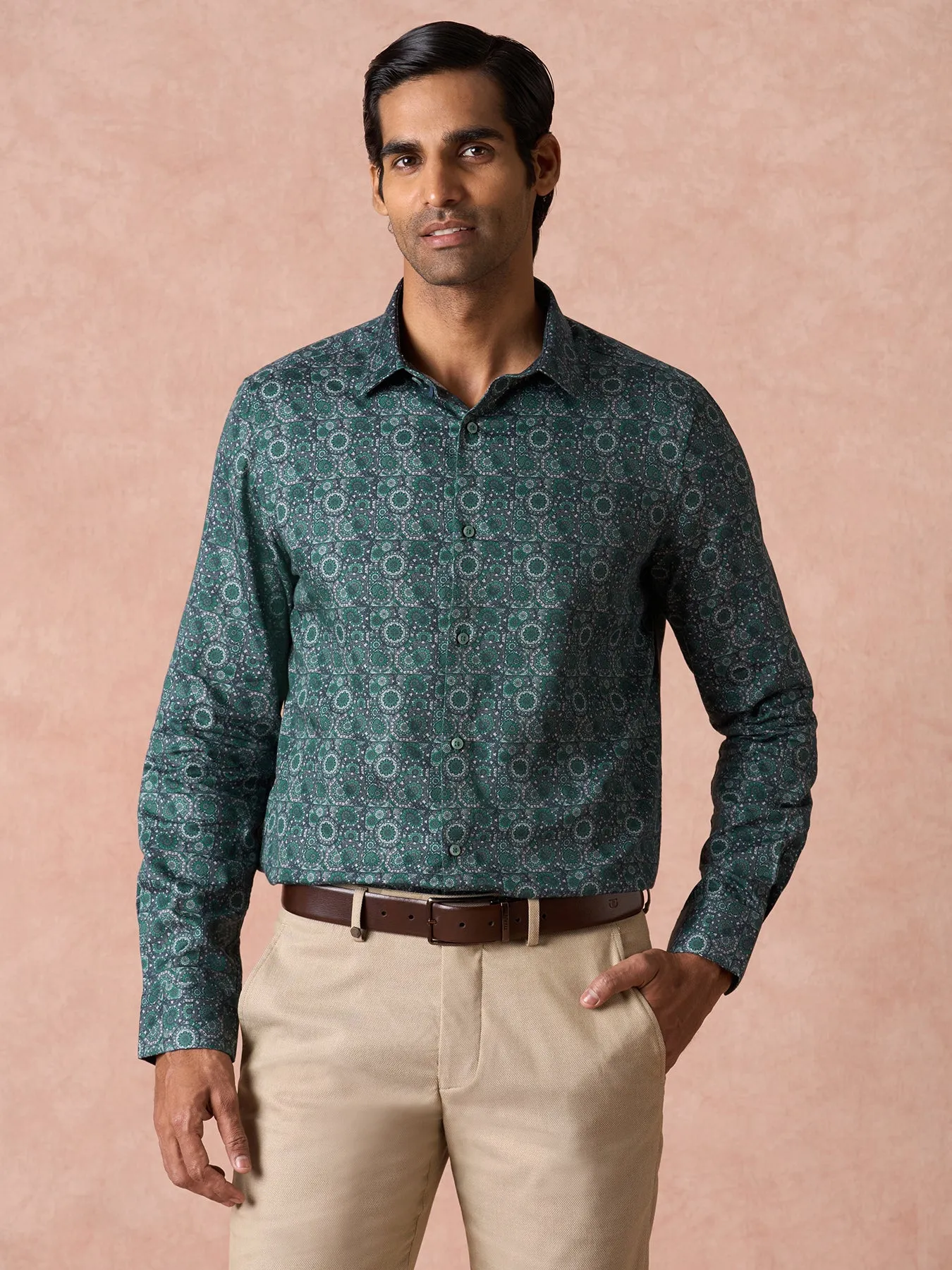 100% Cotton Green Printed Slim Fit Full Sleeve Ceremonial Shirt