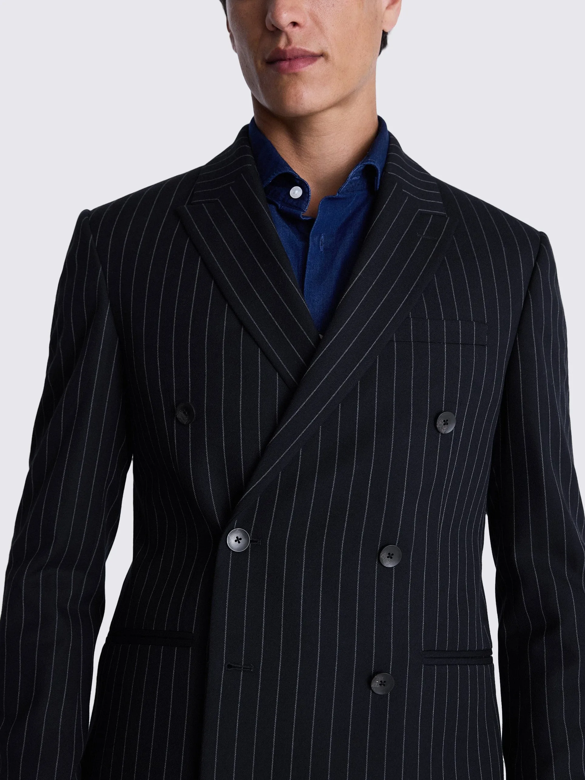 2 Piece Navy Business Double Breasted Peak Lapel Striped Suit