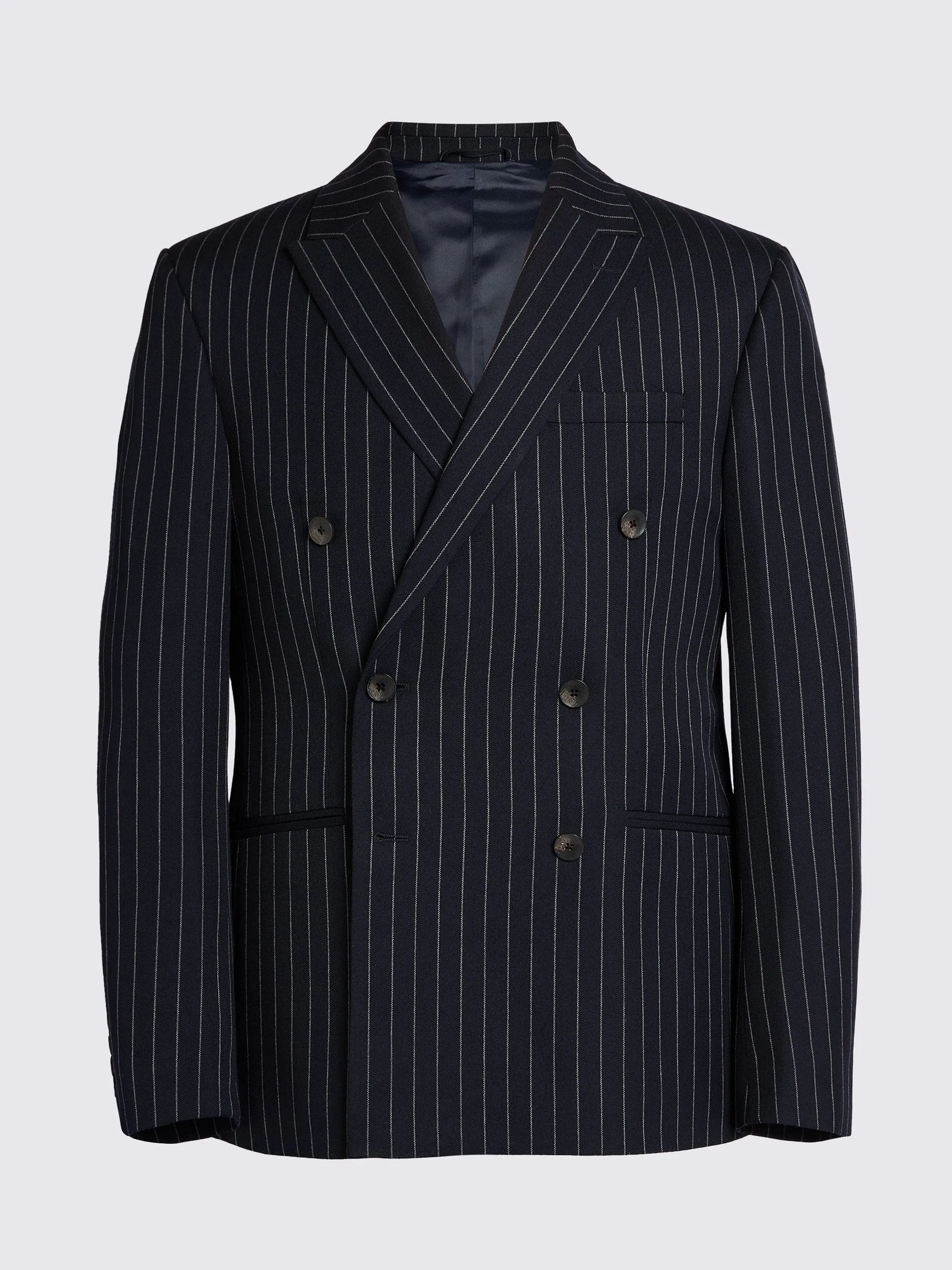 2 Piece Navy Business Double Breasted Peak Lapel Striped Suit