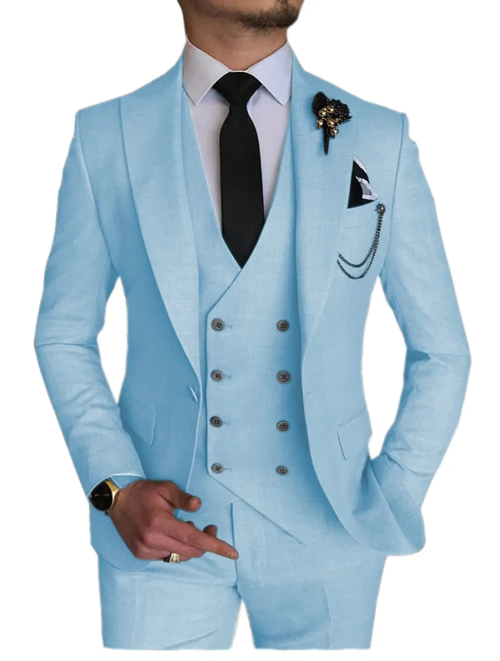 3 Piece Mens Suit Double Breasted Prom Peak Lapel Suit (Blazer   Vest   Pants)