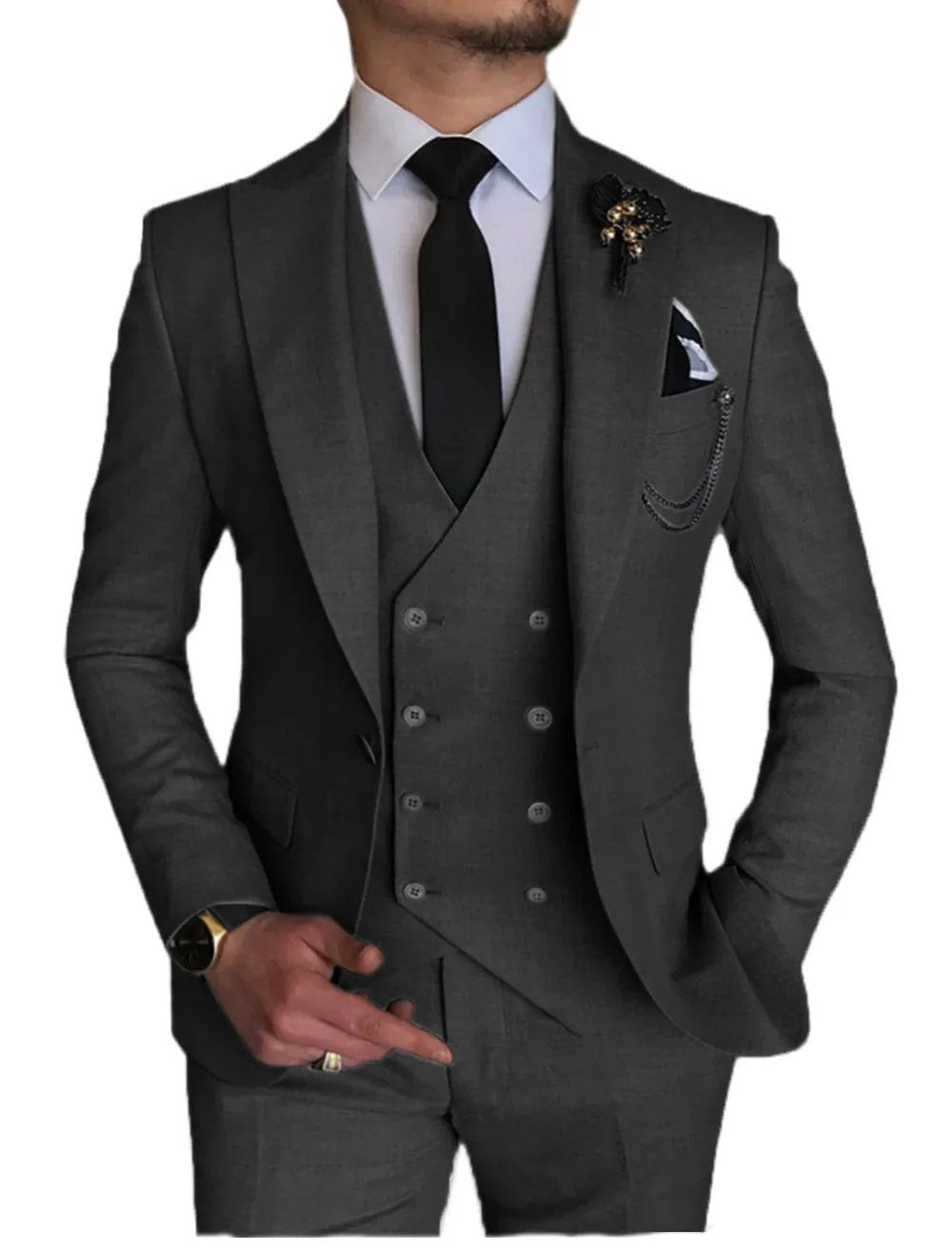 3 Piece Mens Suit Double Breasted Prom Peak Lapel Suit (Blazer   Vest   Pants)