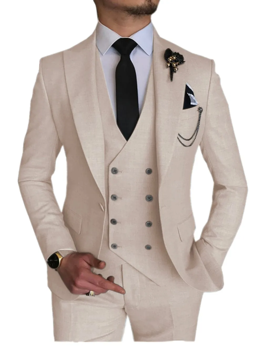 3 Piece Mens Suit Double Breasted Prom Peak Lapel Suit (Blazer   Vest   Pants)