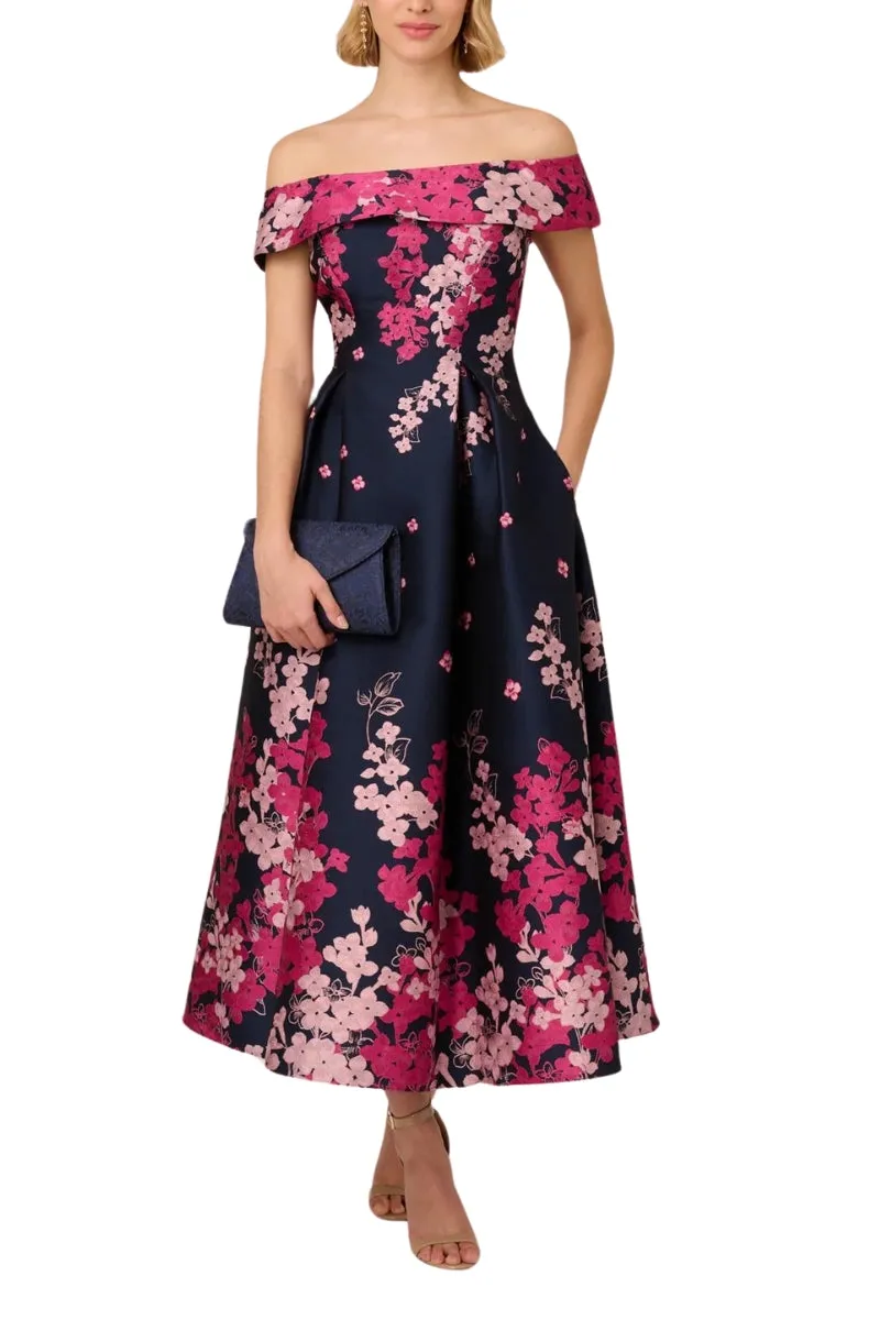 Adrianna Papell Floral Jacquard With Off The Shoulder Neckline Dress - Wholesale