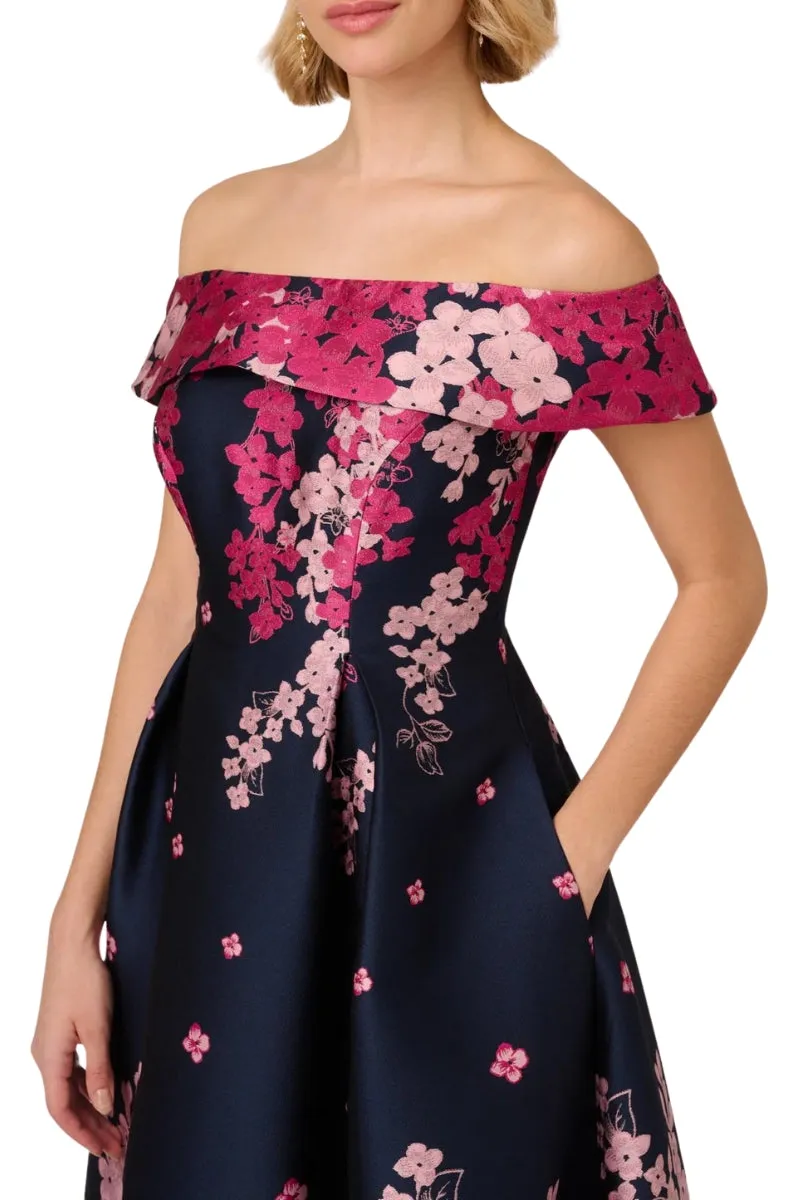 Adrianna Papell Floral Jacquard With Off The Shoulder Neckline Dress - Wholesale