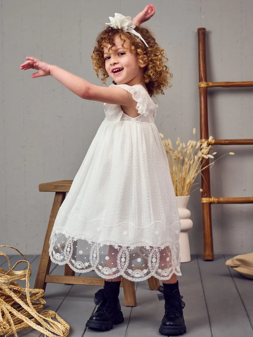 Baptism silk dress with lace - MARILITA