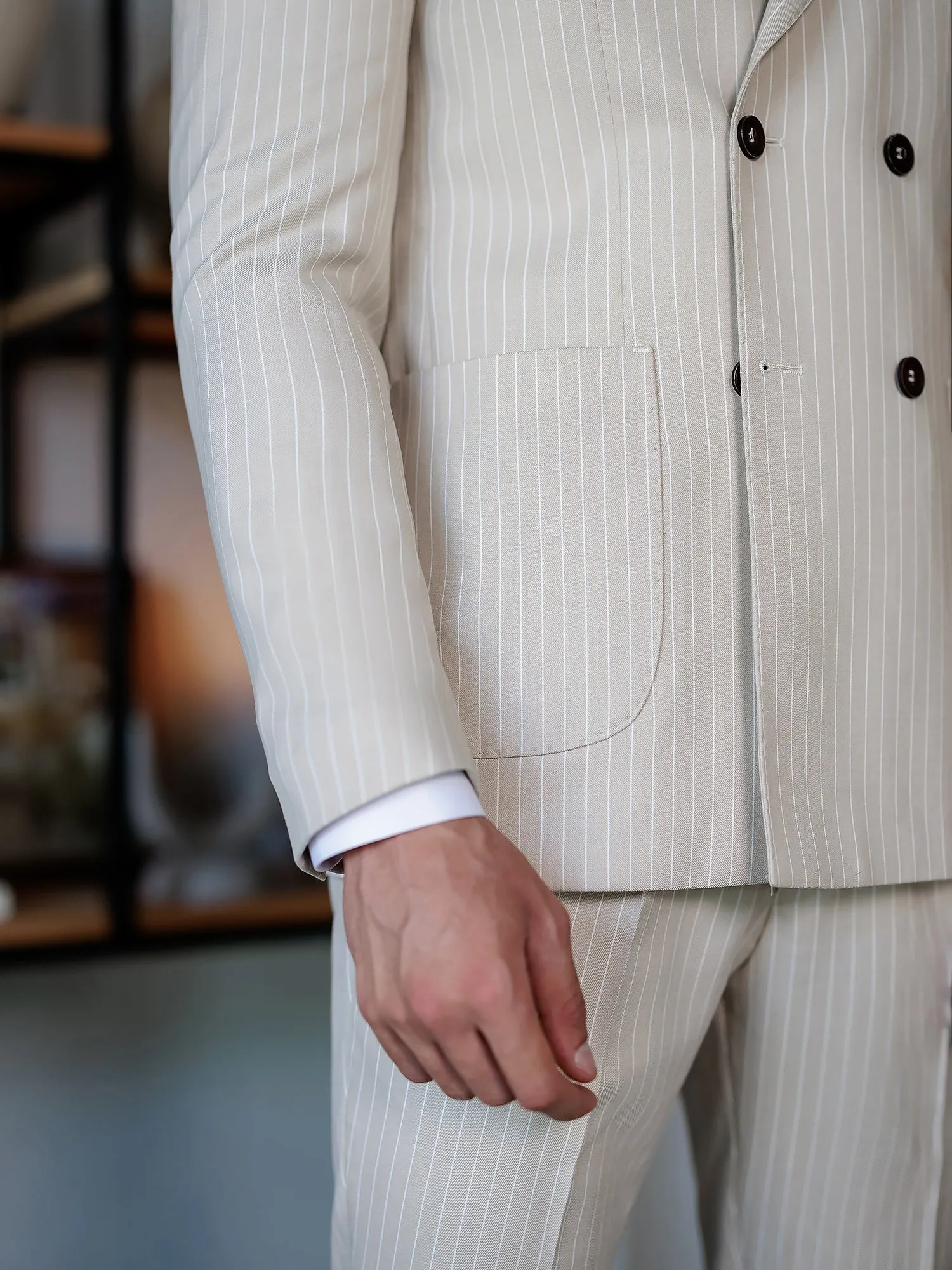 Beige Striped Double Breasted Suit 2-Piece