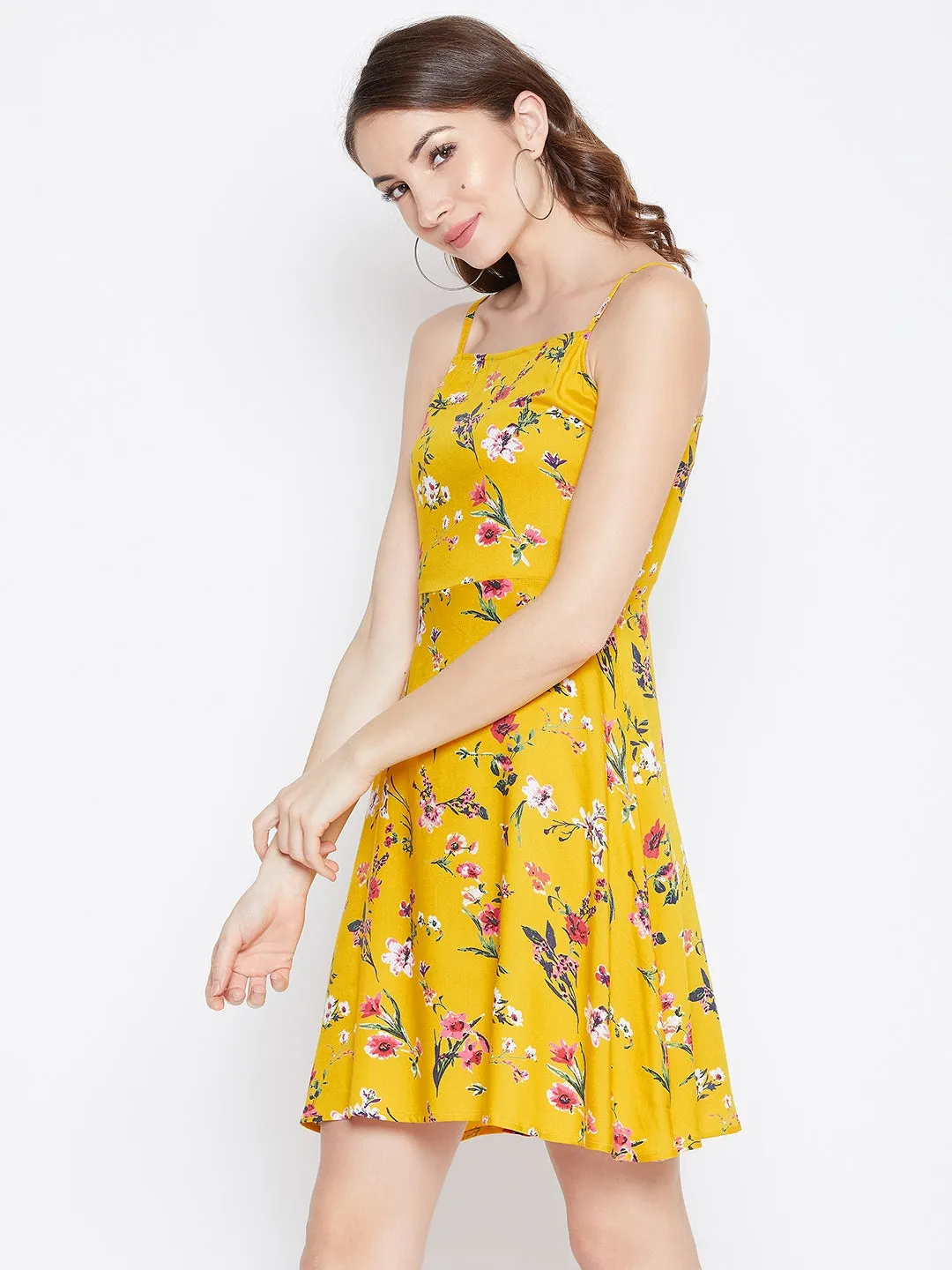 Berrylush Women Yellow & Red Floral Printed Square Neck Fit & Flare Mini Dress