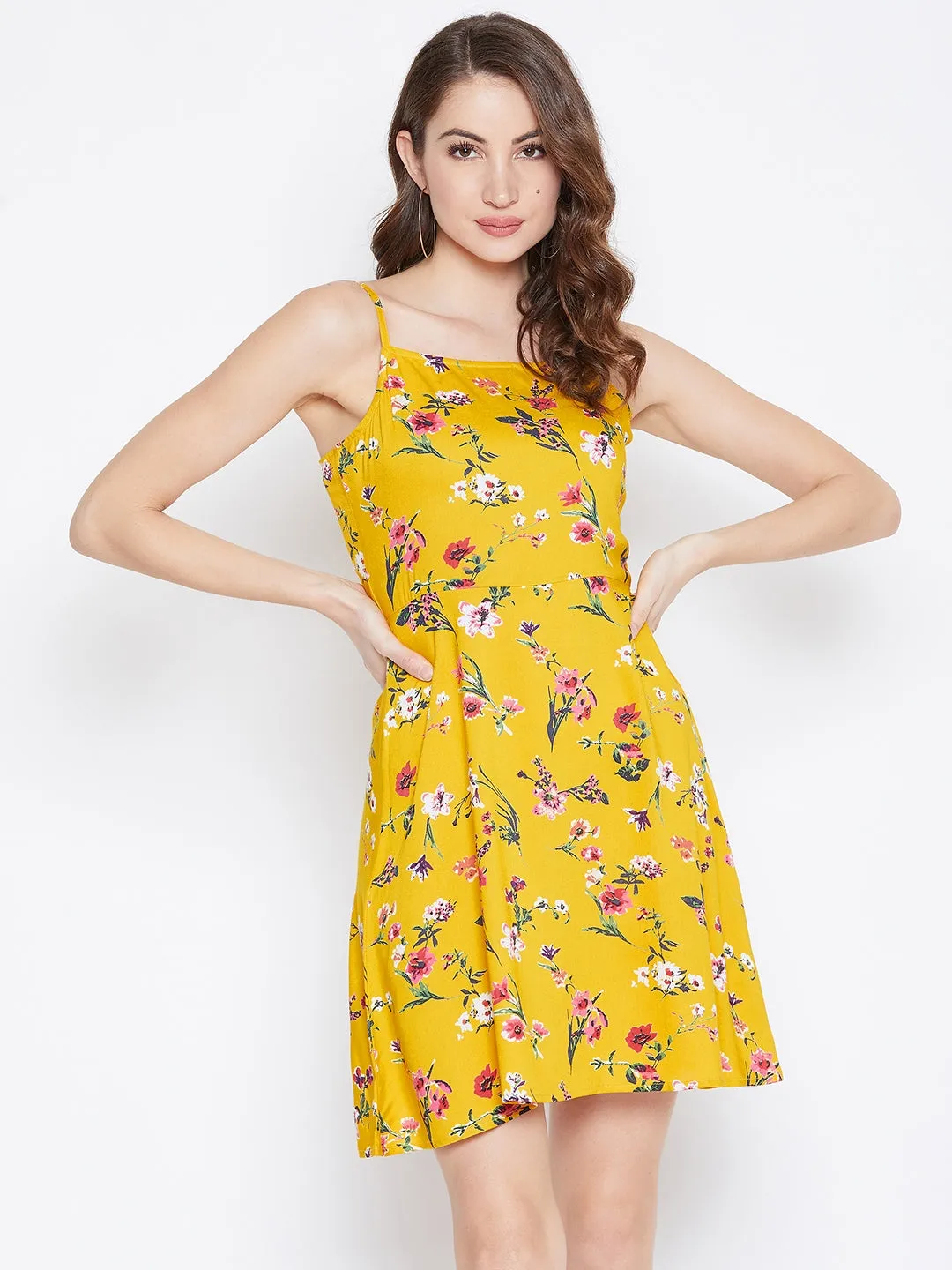 Berrylush Women Yellow & Red Floral Printed Square Neck Fit & Flare Mini Dress