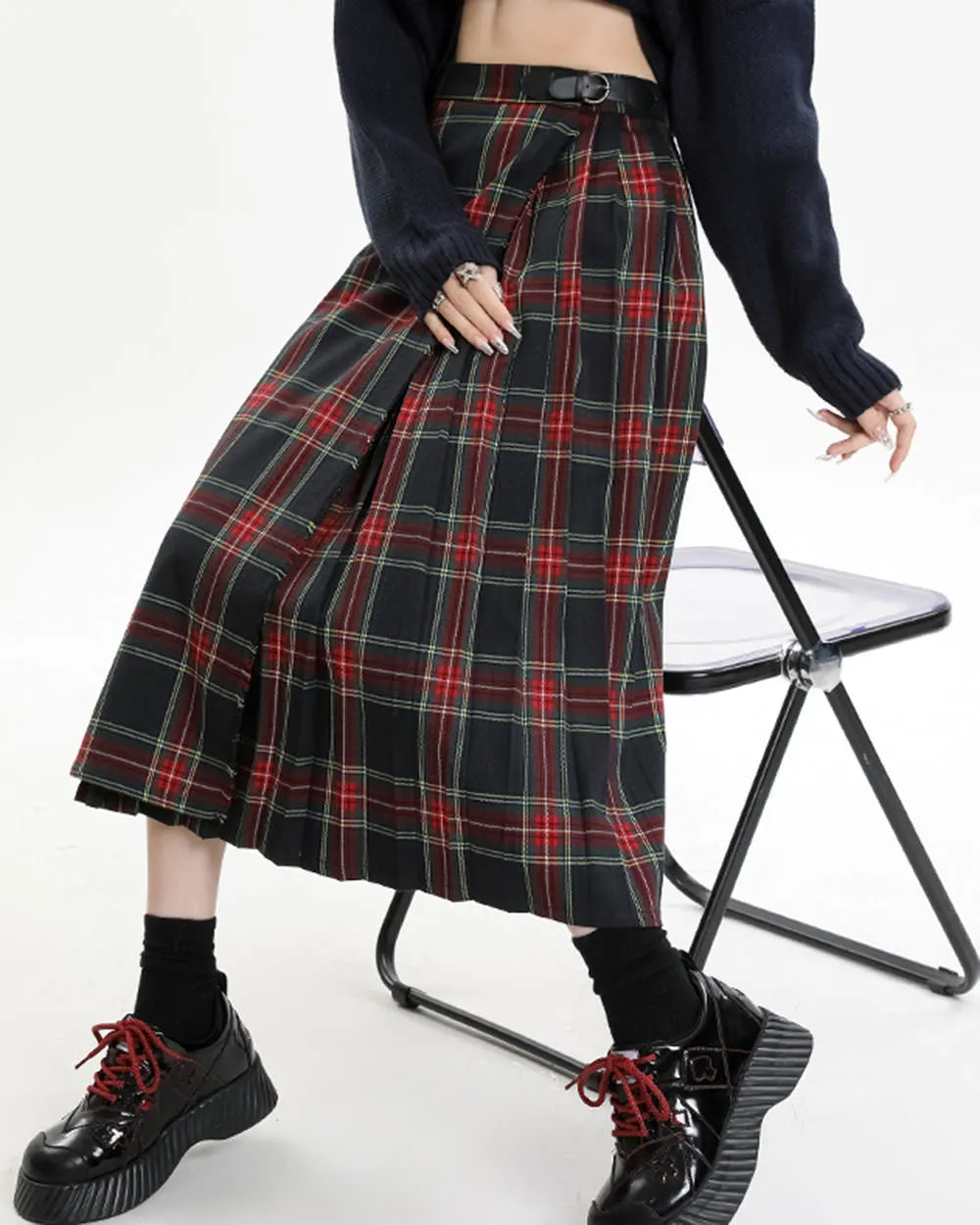 Black and Red Plaid Midi Skirt