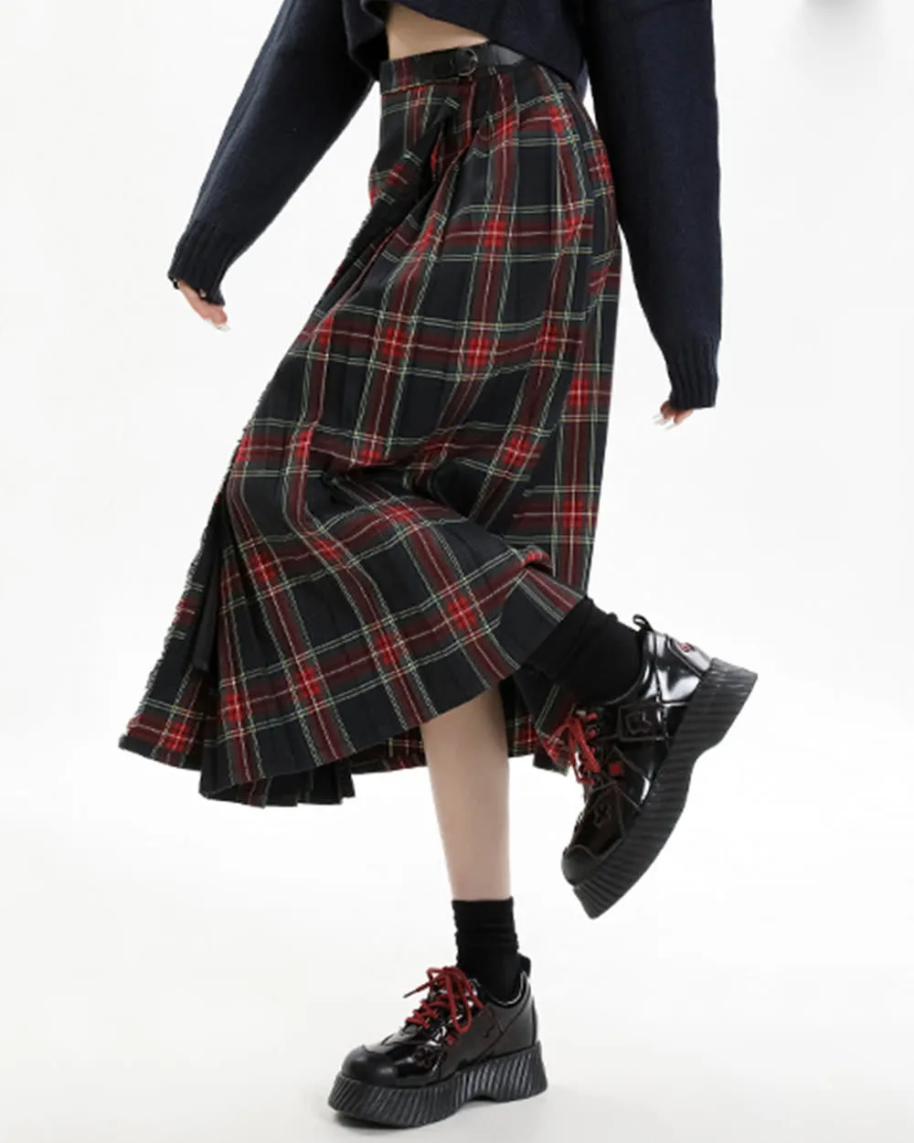 Black and Red Plaid Midi Skirt