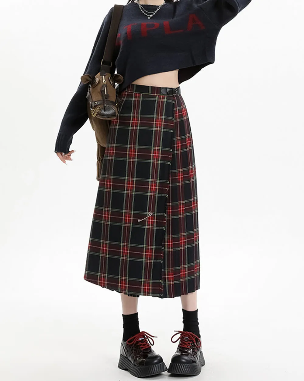 Black and Red Plaid Midi Skirt