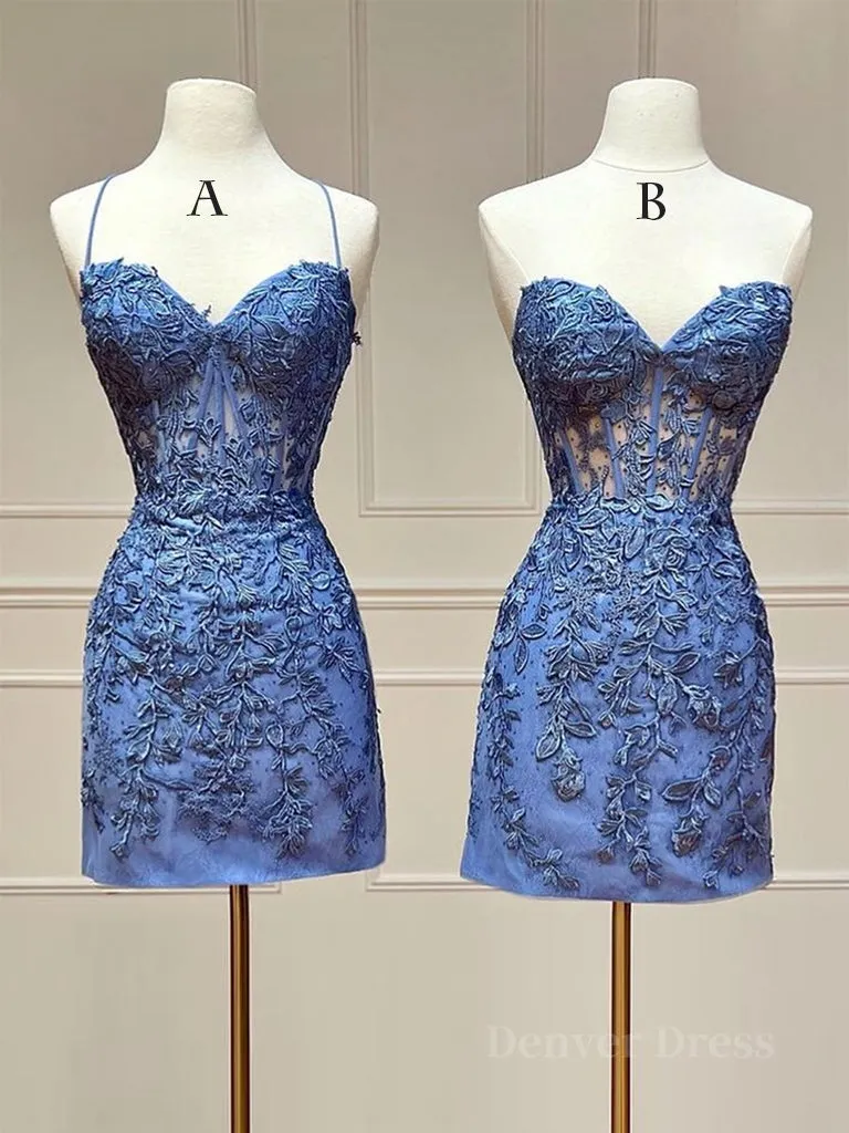 Blue Lace Short Prom Dress Blue Homecoming Dress