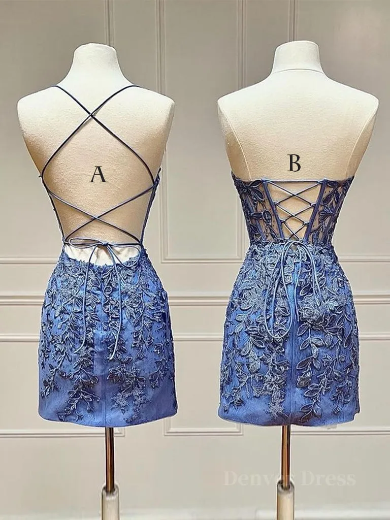 Blue Lace Short Prom Dress Blue Homecoming Dress