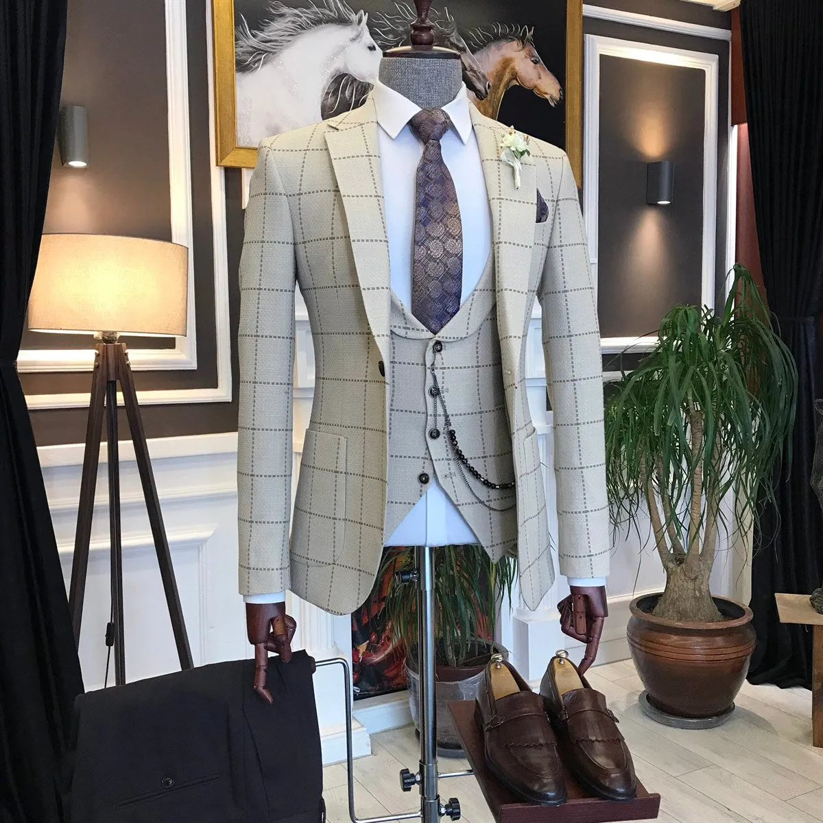 Bojoni Beige Plaid Slim-Fit Suit 3-Piece