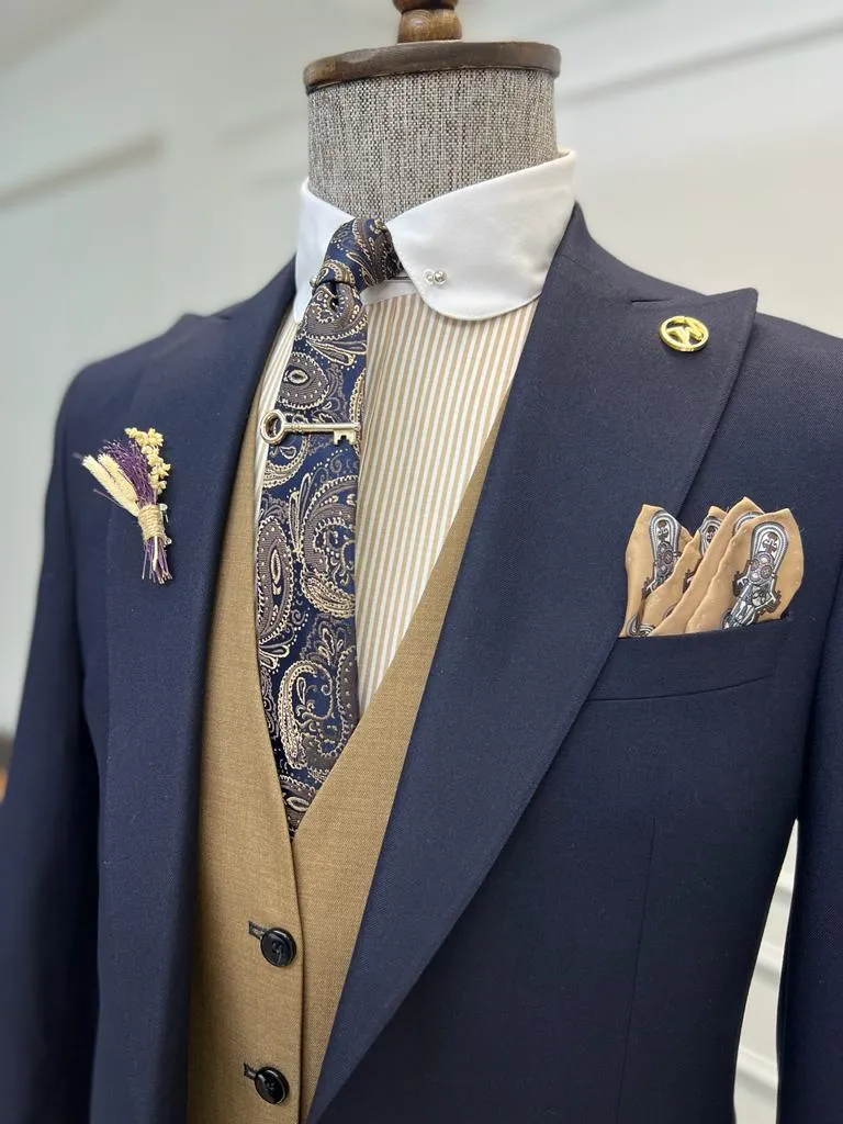 Bojoni Diamond Shagor Stepo Navy Blue Slim Fit Peak Lapel Combination Suit