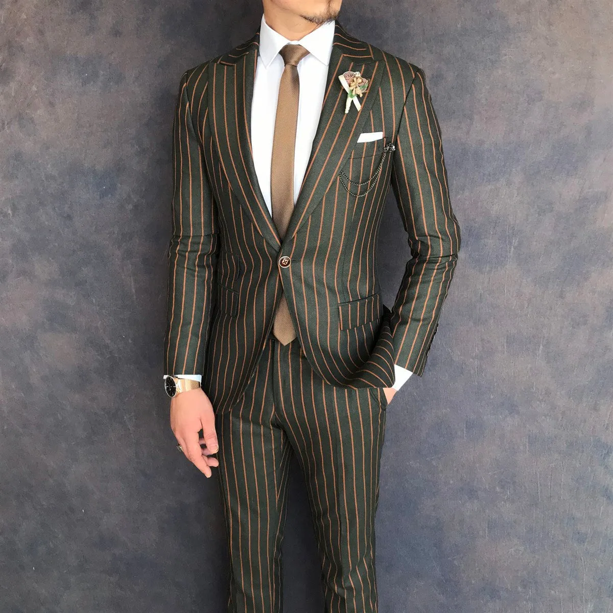 Bojoni Green Striped Slim-Fit Suit 2-Piece