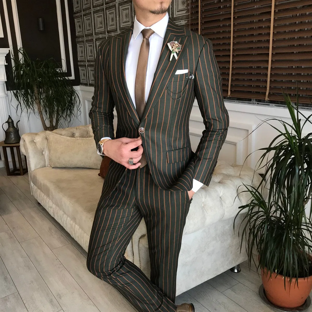 Bojoni Green Striped Slim-Fit Suit 2-Piece