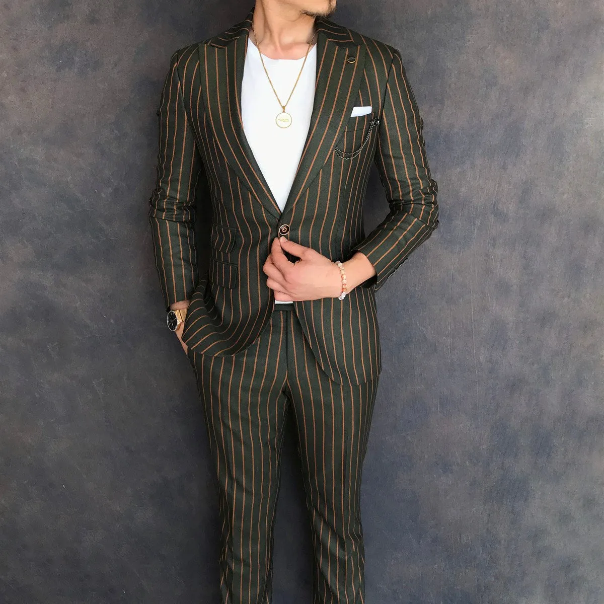 Bojoni Green Striped Slim-Fit Suit 2-Piece