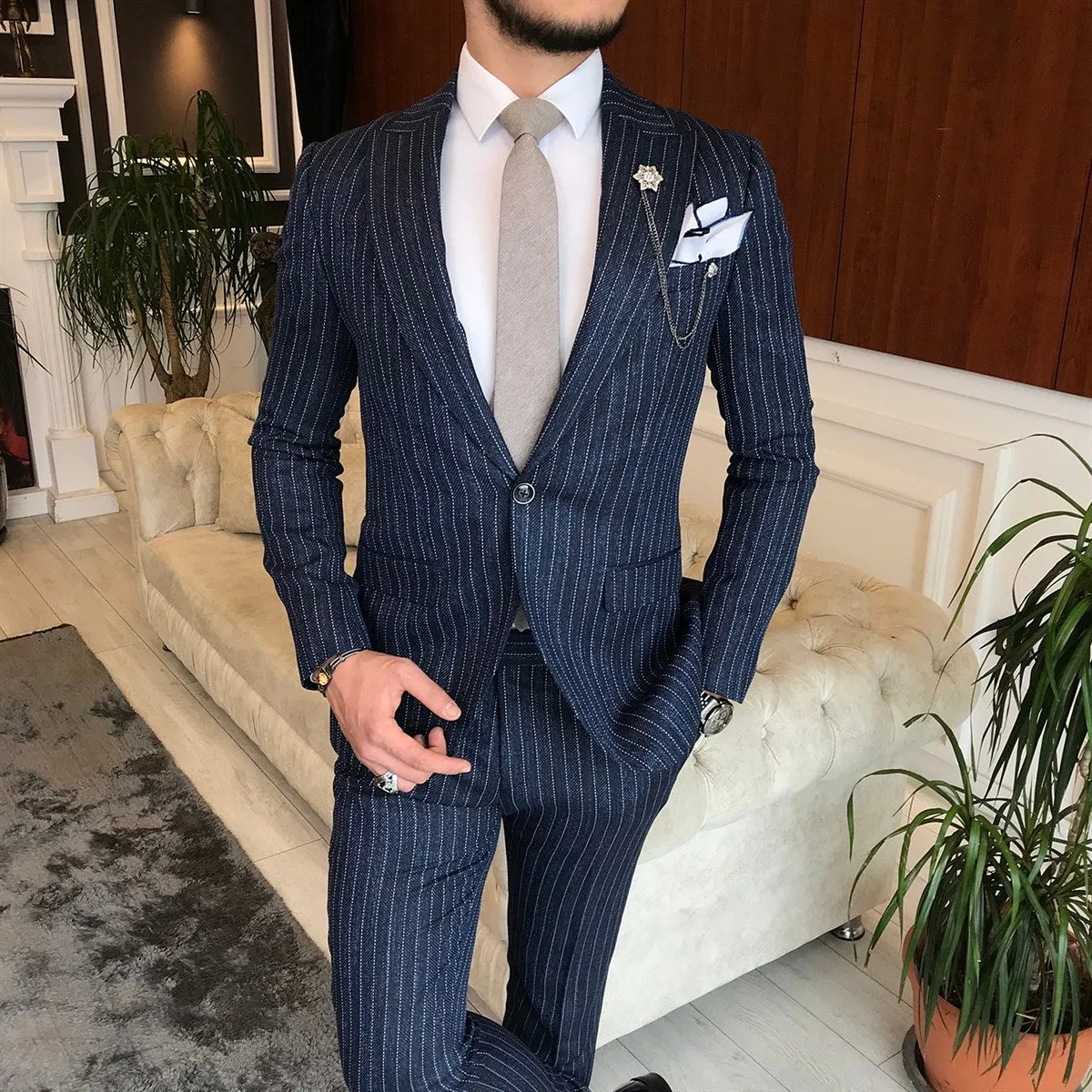 Bojoni Navy Striped Slim-Fit Suit 2-Piece