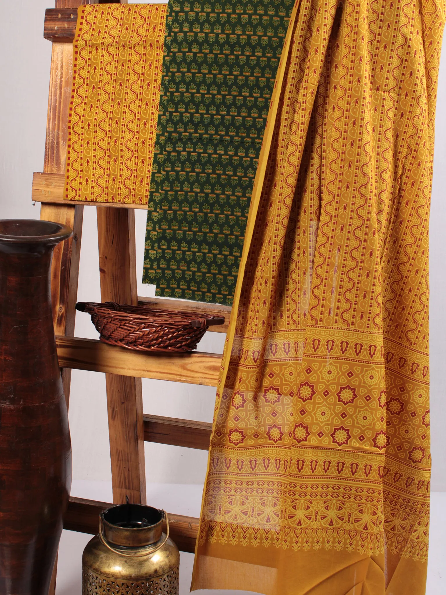 Bottle Green Mustard Red Hand Block Printed Suit Set (Set of 3) - SU01HB477