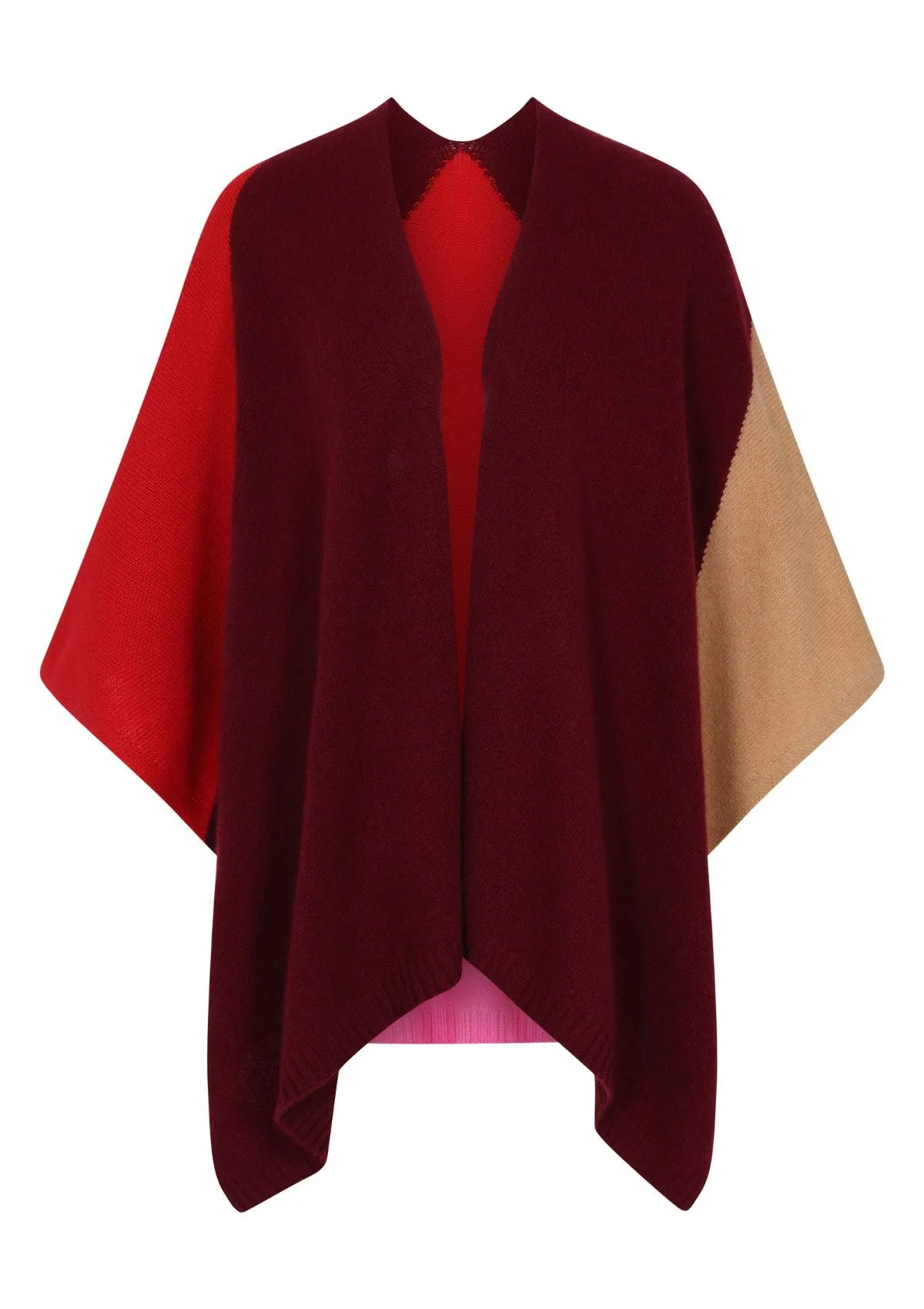 Cashmere Colour Block Rib Edged Cape in Plum Red