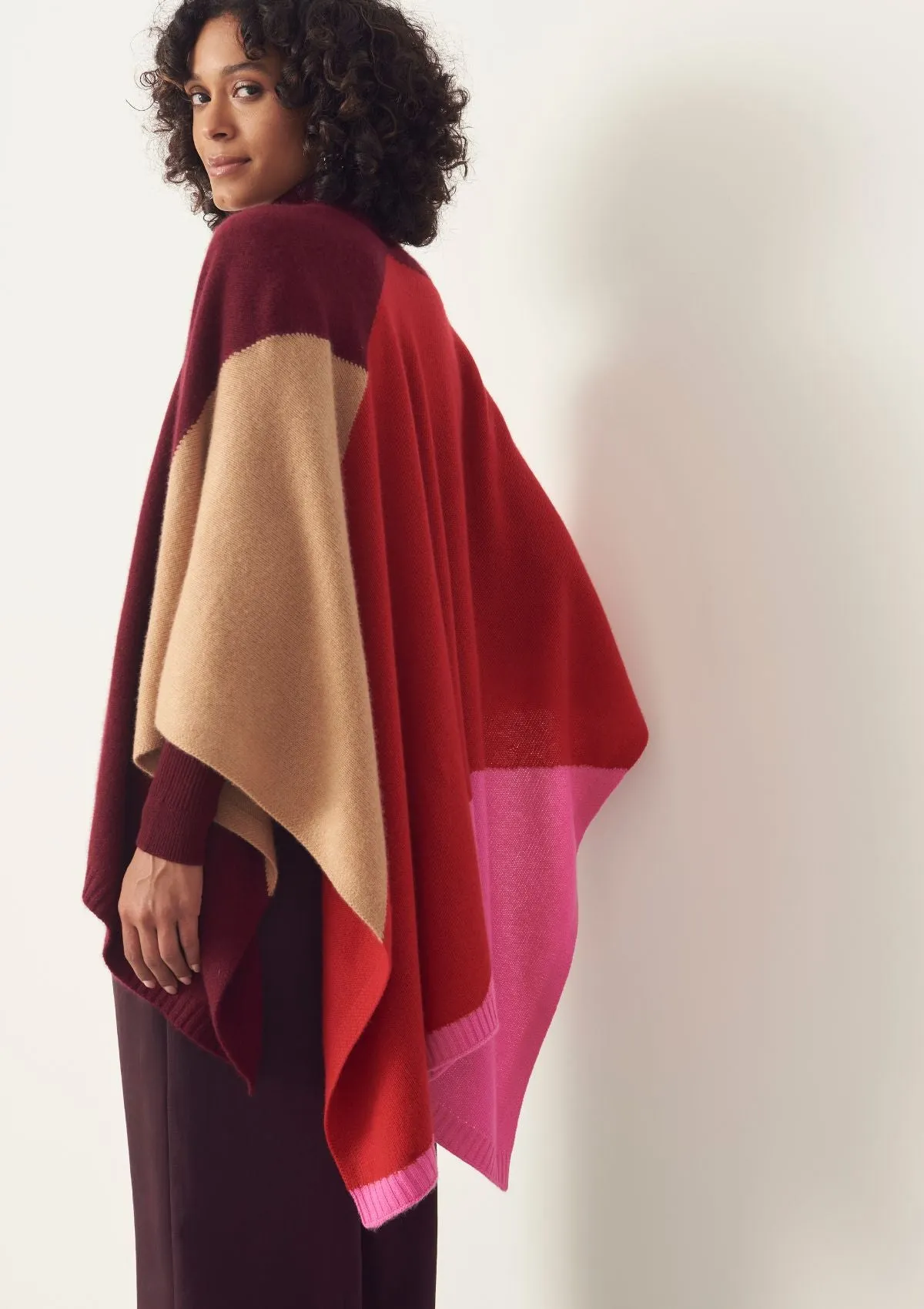 Cashmere Colour Block Rib Edged Cape in Plum Red