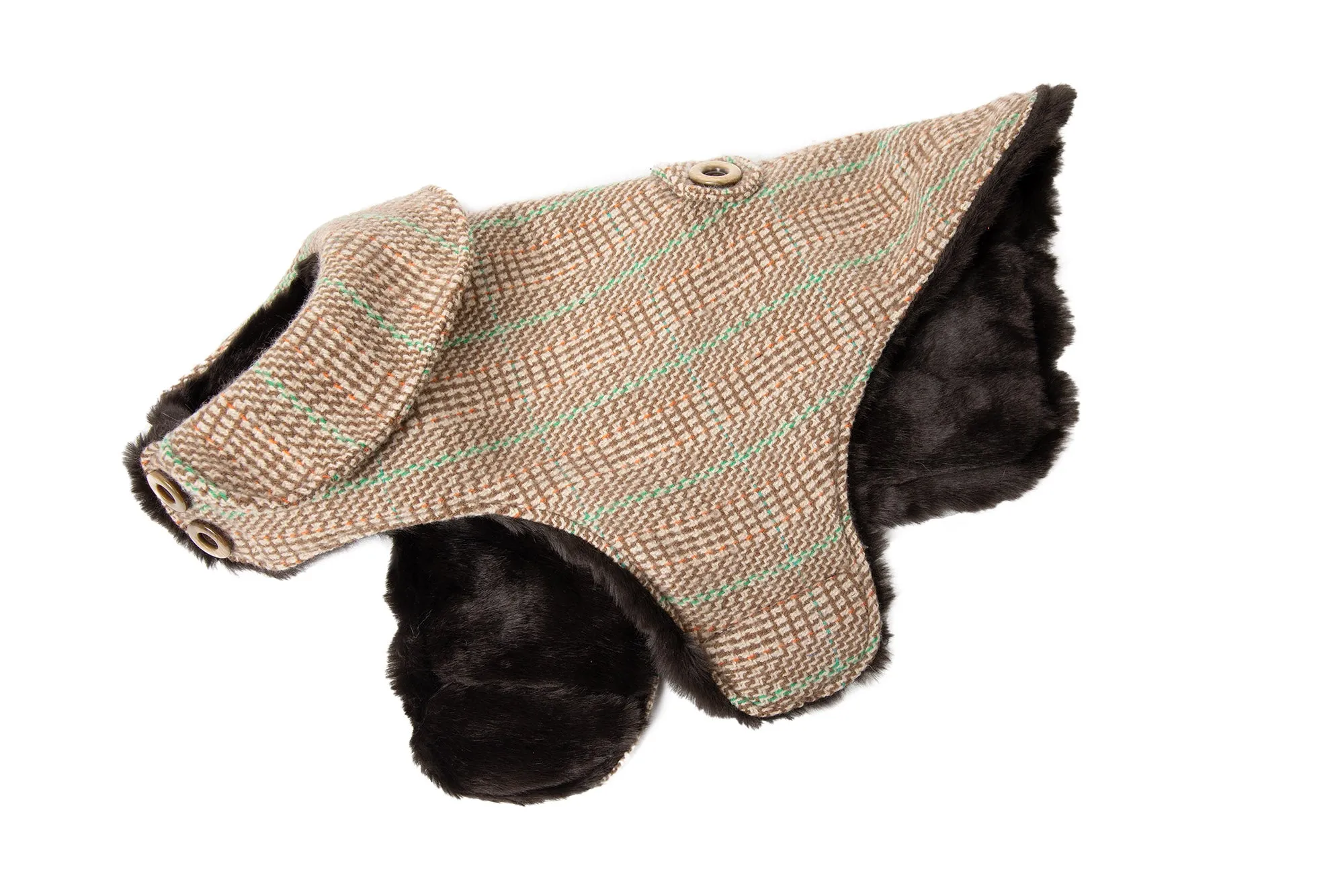 Cashmere Dog Coat - Faux Fur Lining - Beige & Green Plaid