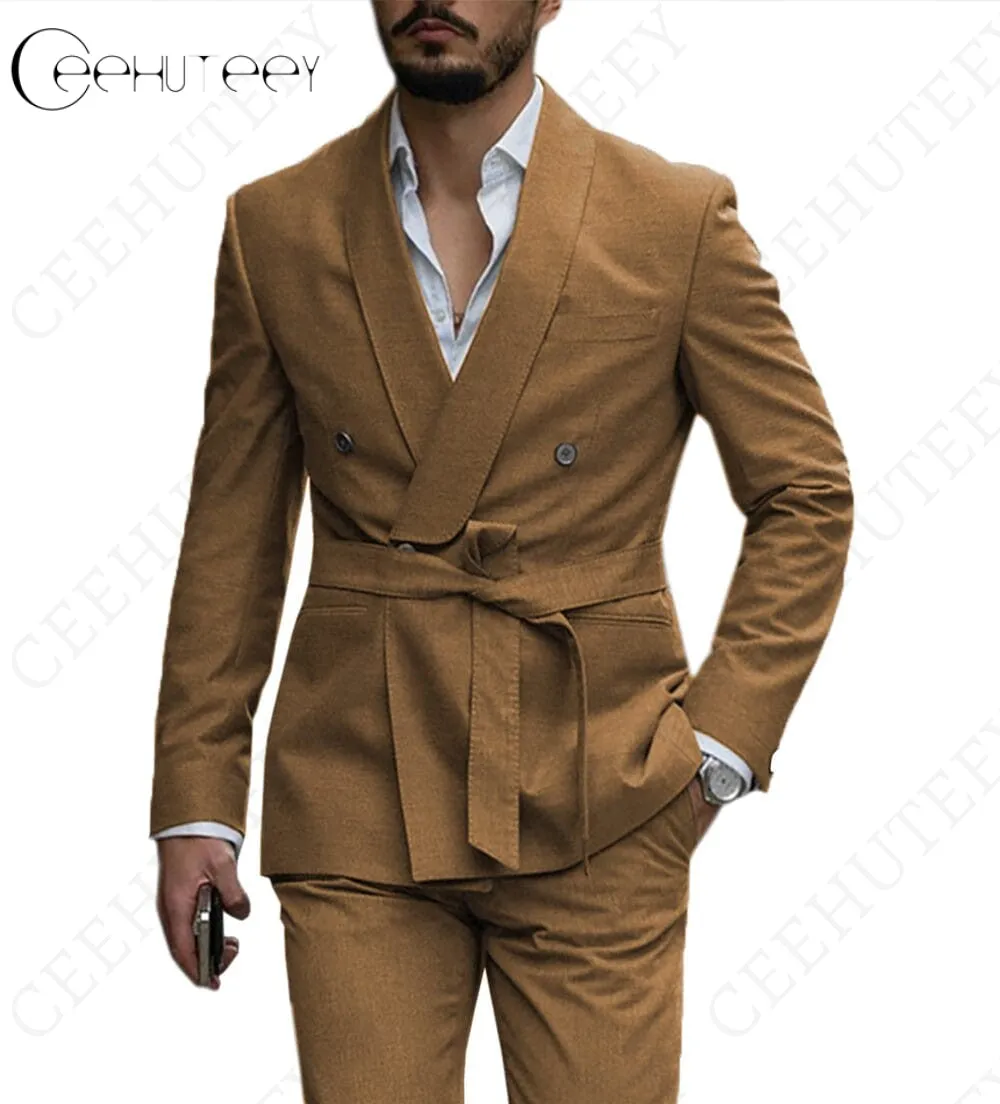 Casual Mens Suit Double Breasted Shawl Lapel 2 Pieces (Blazer Pants)