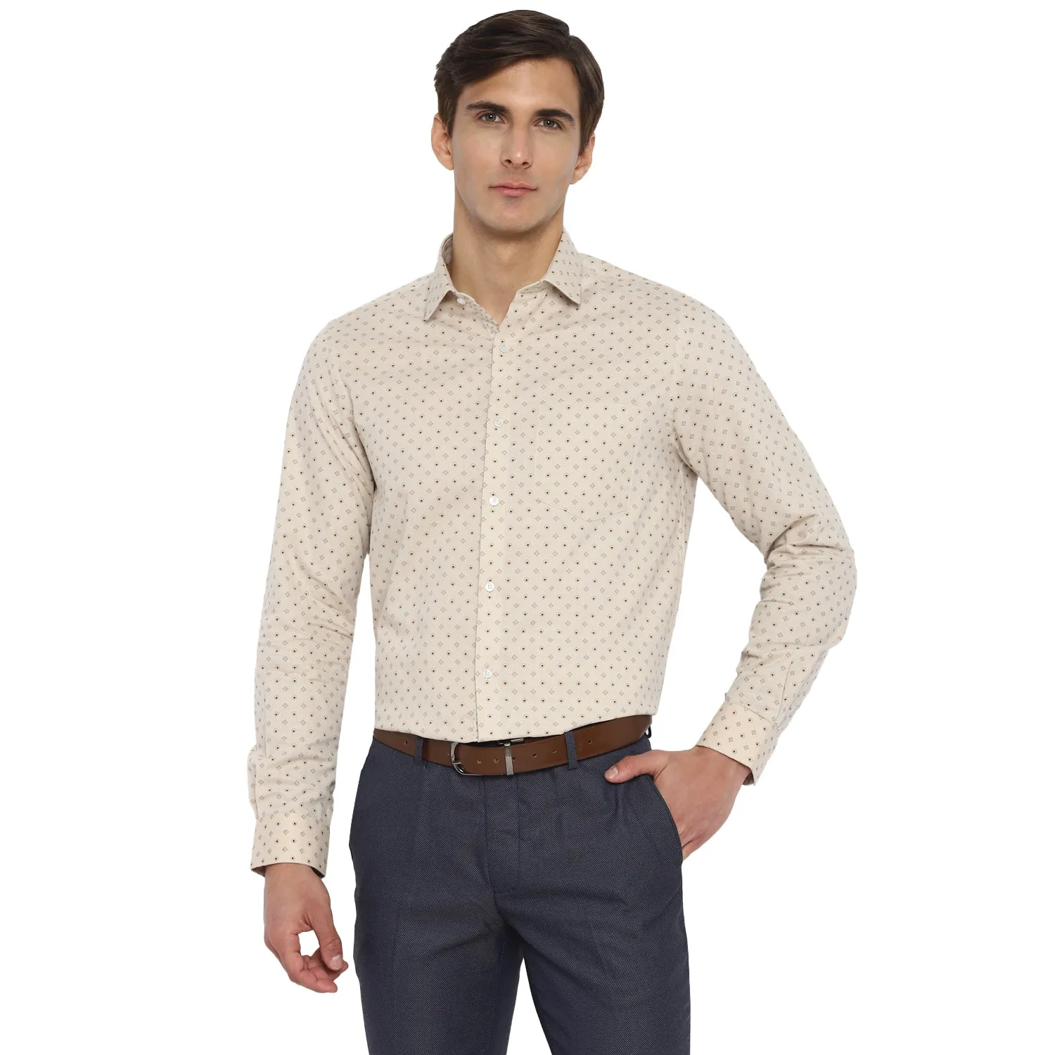 Cotton Beige Slim Fit Printed Shirts