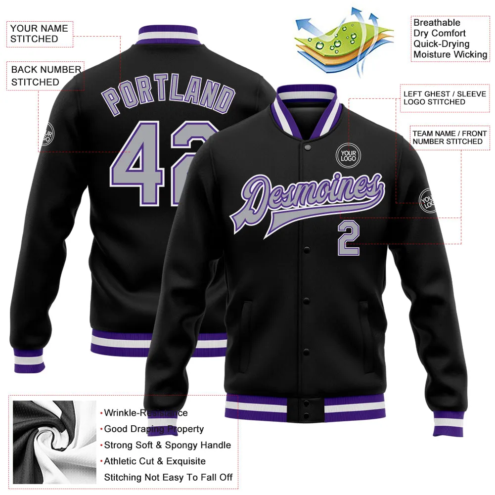 Custom Black Gray-Purple Bomber Full-Snap Varsity Letterman Jacket