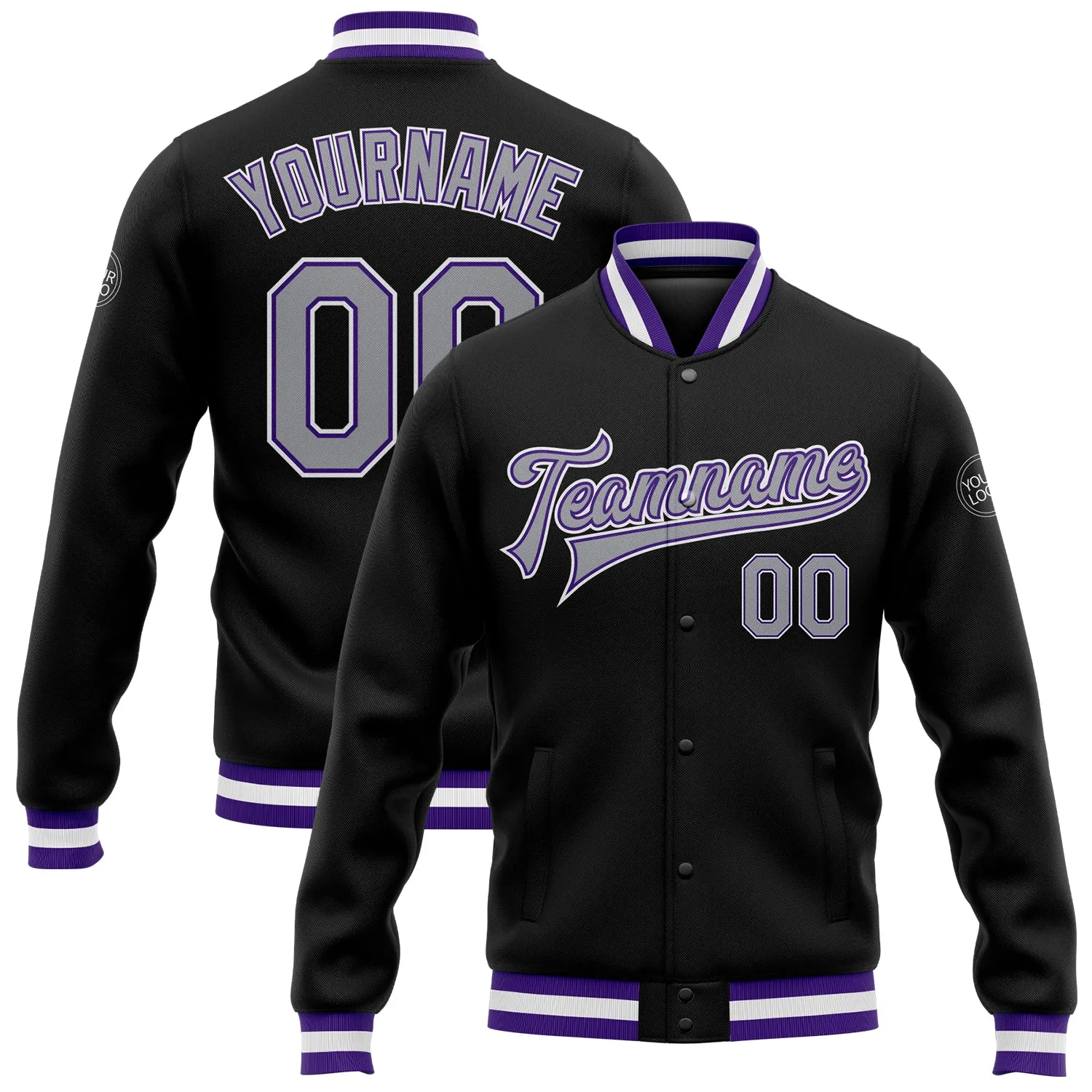 Custom Black Gray-Purple Bomber Full-Snap Varsity Letterman Jacket