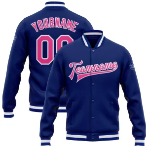 Custom Royal Pink-White Bomber Full-Snap Varsity Letterman Jacket