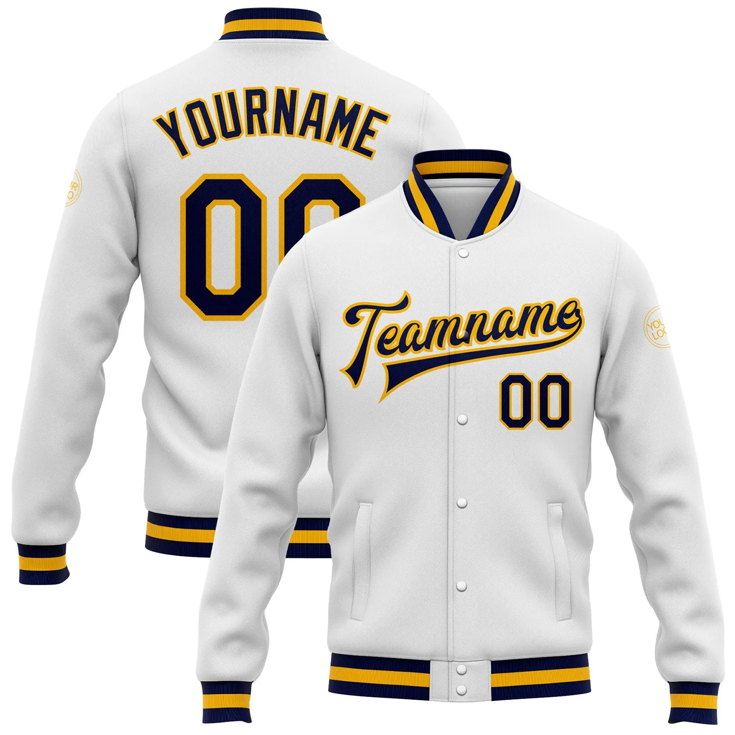 Custom White Navy-Gold Bomber Full-Snap Varsity Letterman Jacket