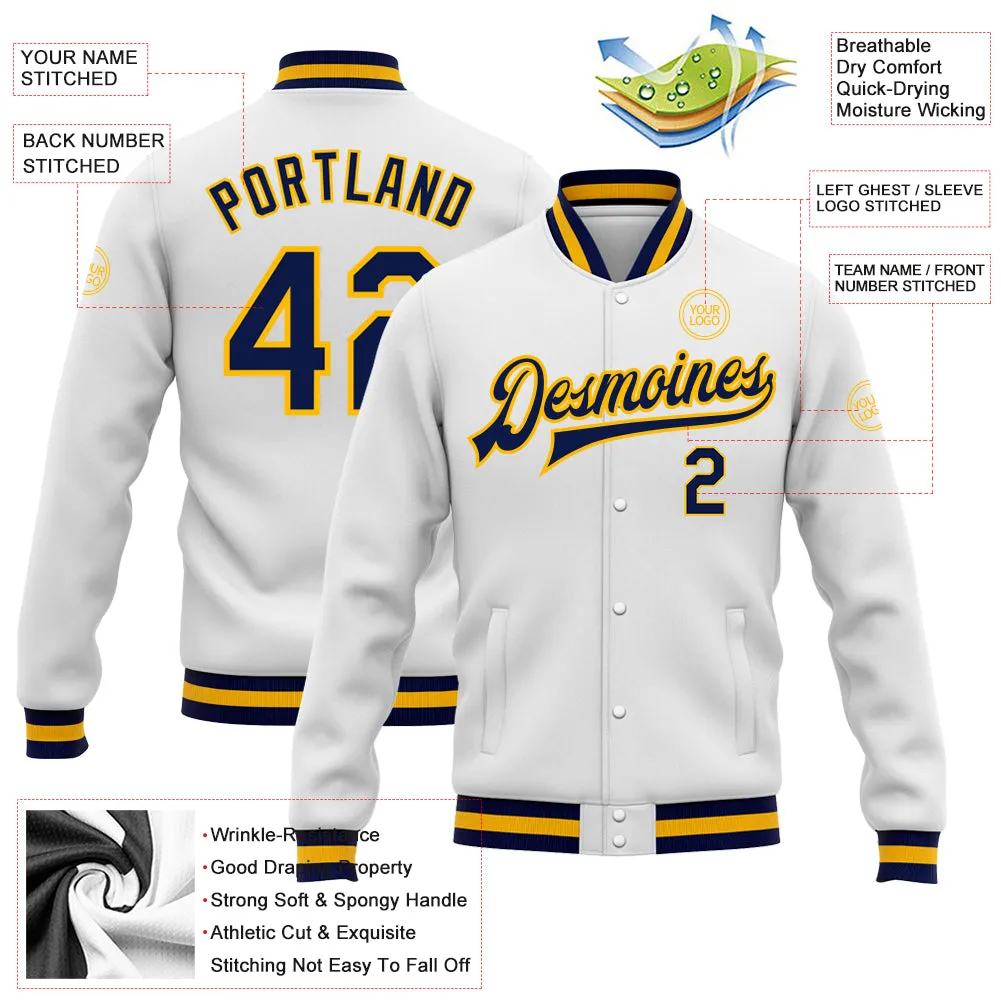 Custom White Navy-Gold Bomber Full-Snap Varsity Letterman Jacket