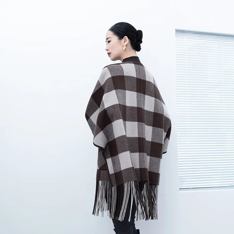 Dark Brown Grid Pattern Tassel Cloak Coats