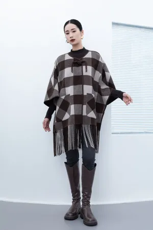 Dark Brown Grid Pattern Tassel Cloak Coats