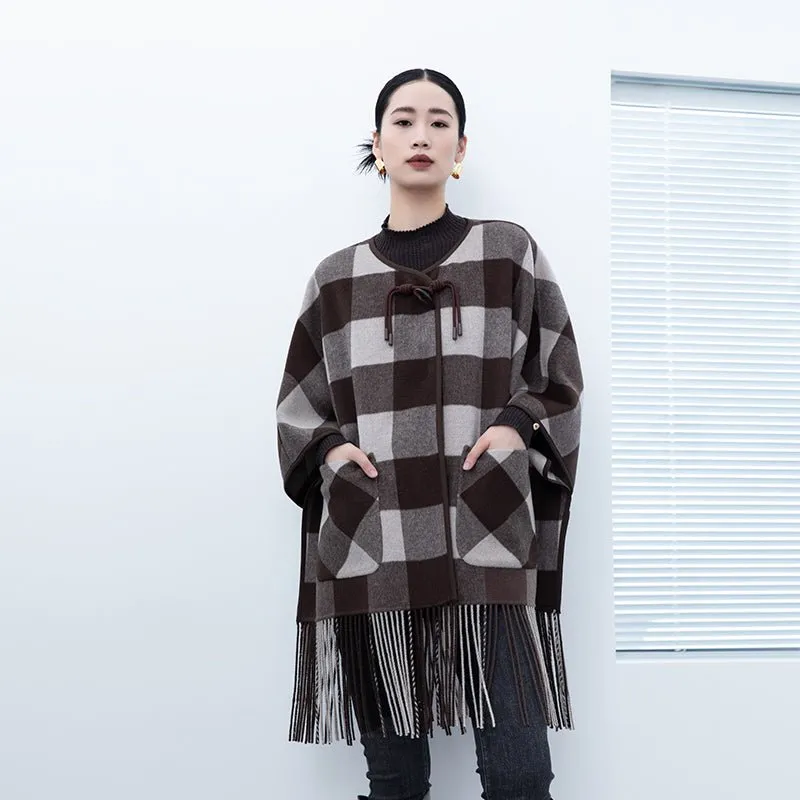 Dark Brown Grid Pattern Tassel Cloak Coats