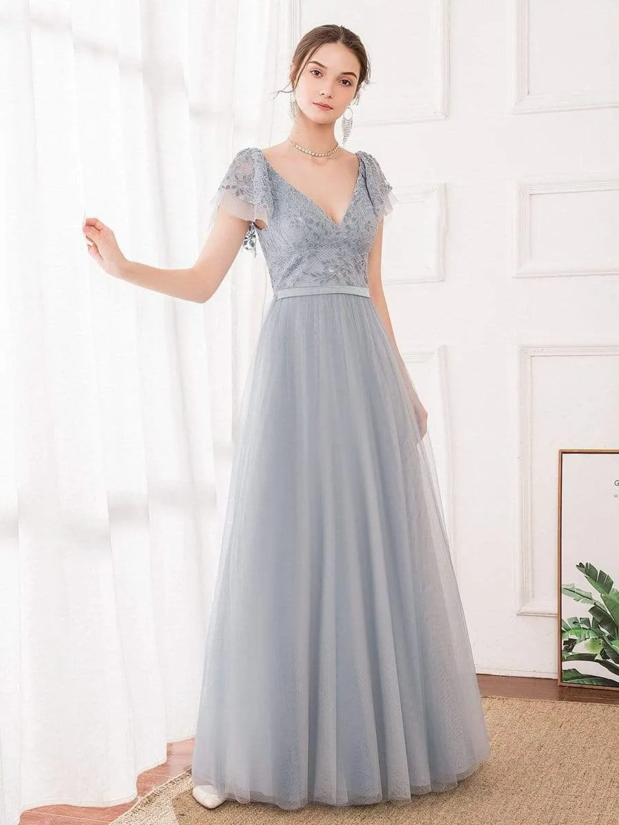 Deep V Neck Lace Tulle Bridesmaid Dress With Ruffle Sleeve