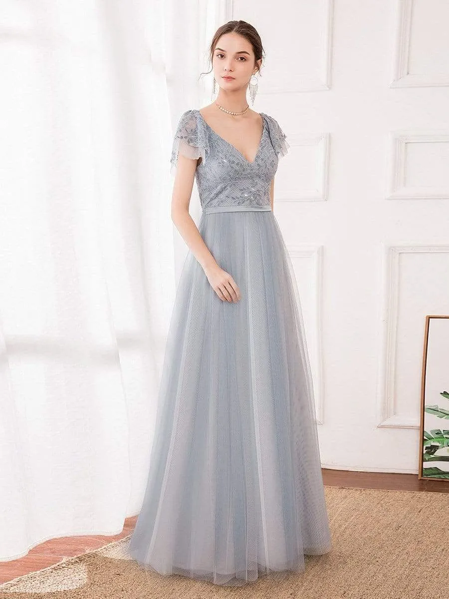 Deep V Neck Lace Tulle Bridesmaid Dress With Ruffle Sleeve