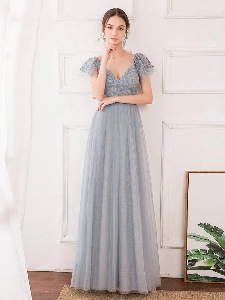 Deep V Neck Lace Tulle Bridesmaid Dress With Ruffle Sleeve