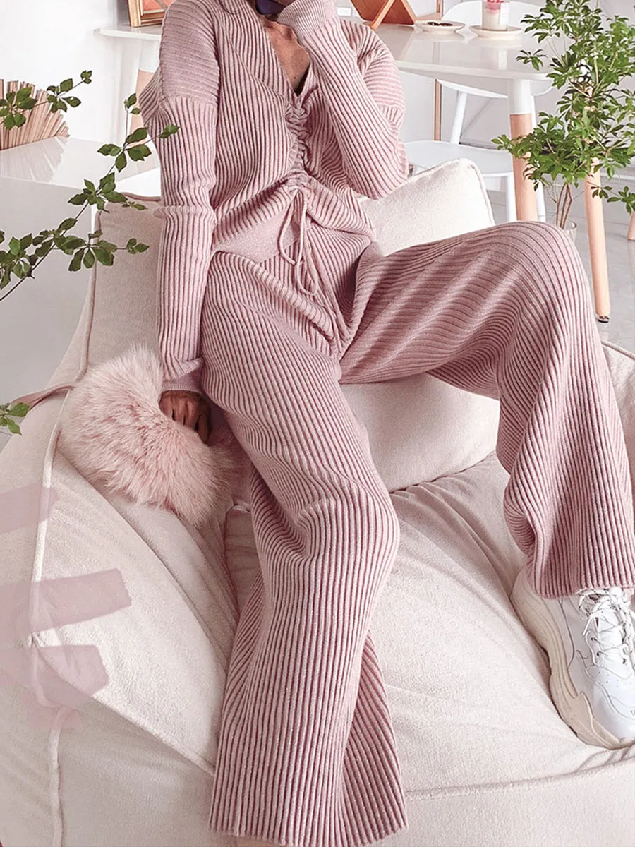 Fashion Drawstring V-neck Knitted Solid Color Two-piece Suit