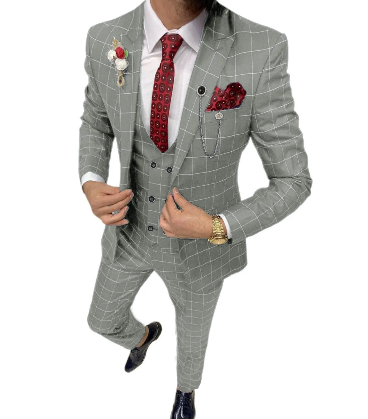 Formal Mens Suit 3 Pieces Check Plaid  Peak Lapel Tuxedos for Wedding (Blazer Vest Pants)