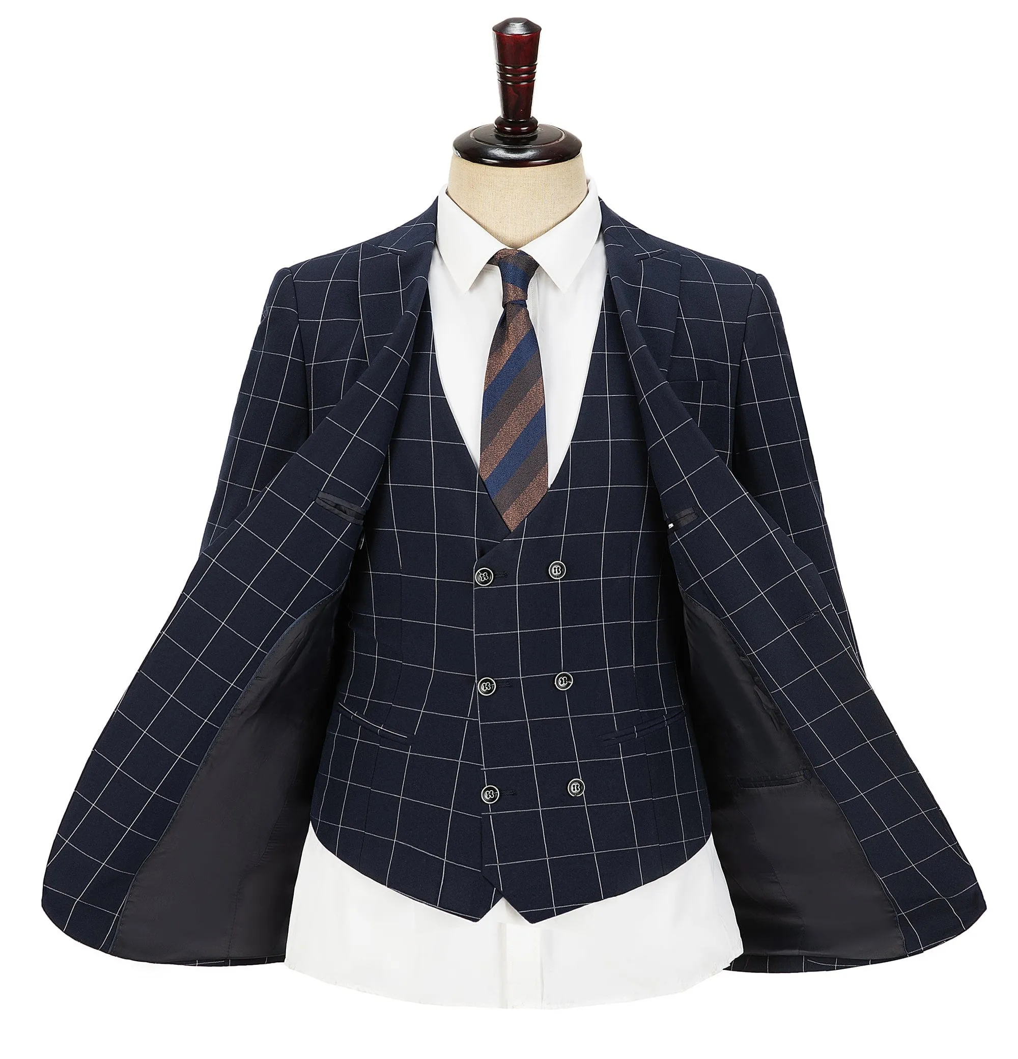 Formal Mens Suit 3 Pieces Check Plaid  Peak Lapel Tuxedos for Wedding (Blazer Vest Pants)