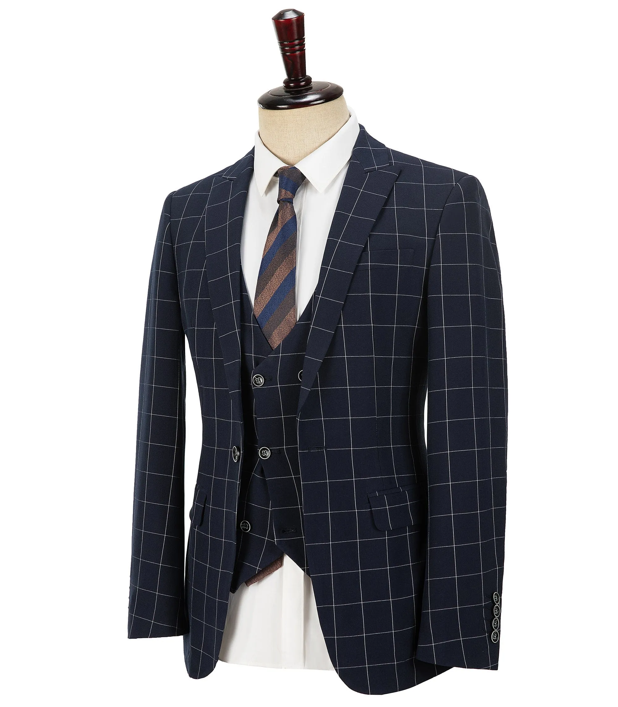 Formal Mens Suit 3 Pieces Check Plaid  Peak Lapel Tuxedos for Wedding (Blazer Vest Pants)