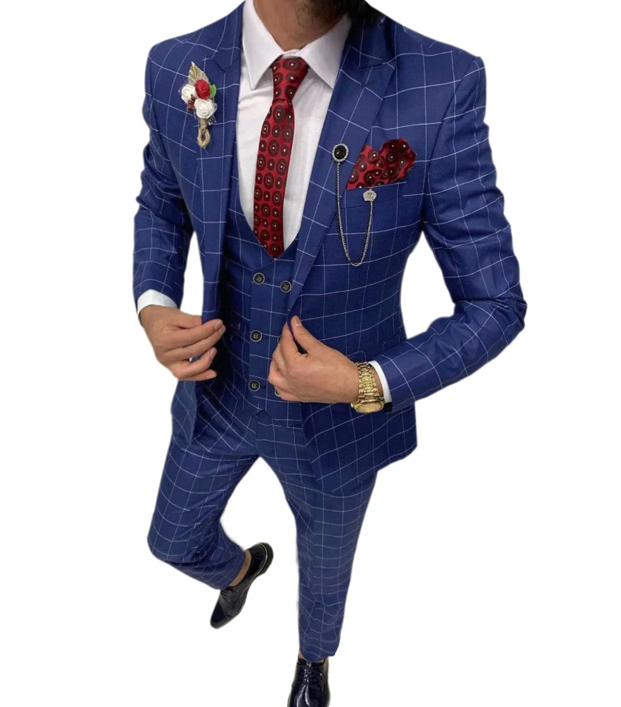 Formal Mens Suit 3 Pieces Check Plaid  Peak Lapel Tuxedos for Wedding (Blazer Vest Pants)