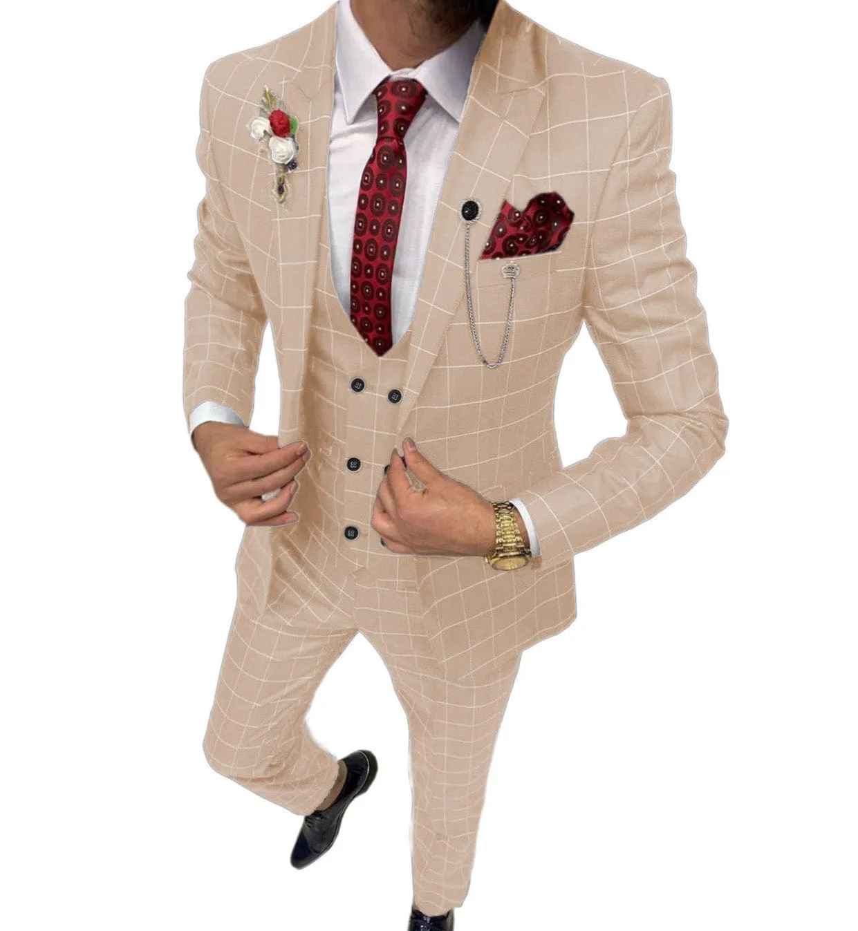 Formal Mens Suit 3 Pieces Check Plaid  Peak Lapel Tuxedos for Wedding (Blazer Vest Pants)