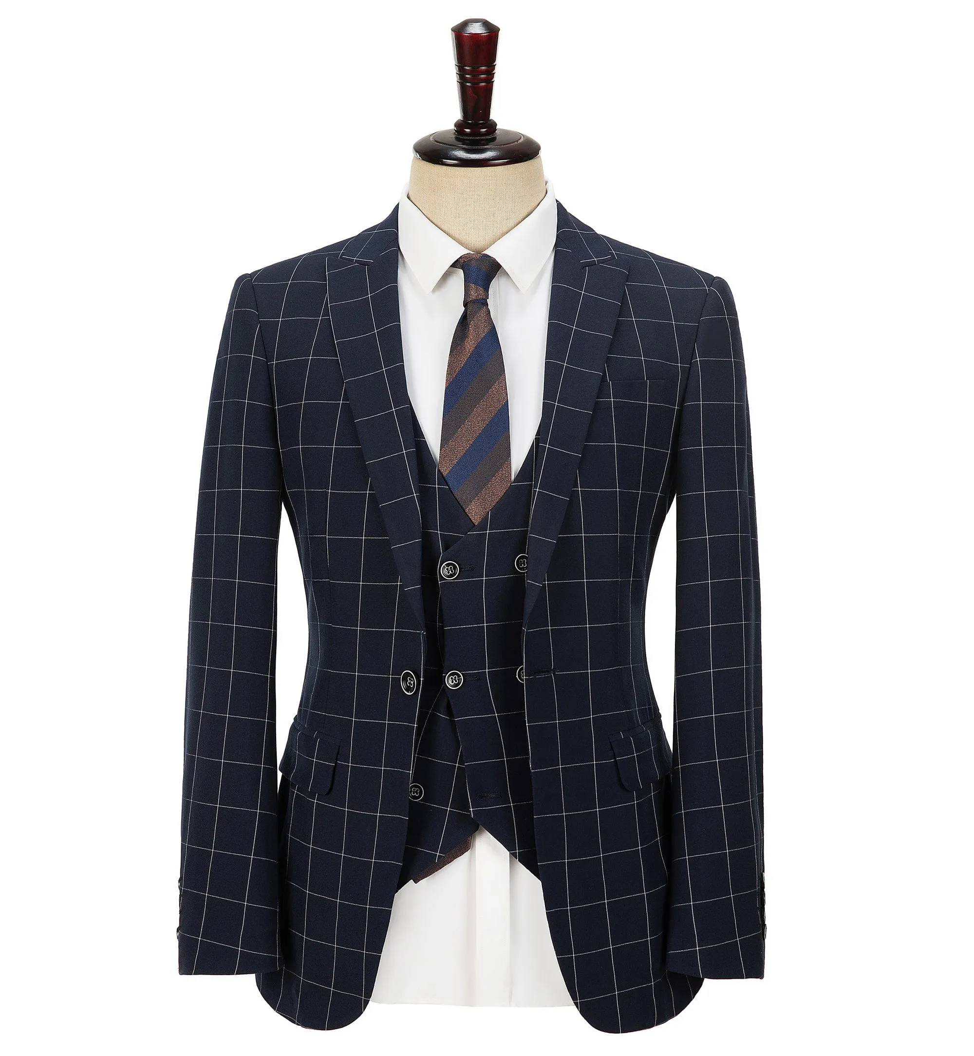 Formal Mens Suit 3 Pieces Check Plaid  Peak Lapel Tuxedos for Wedding (Blazer Vest Pants)