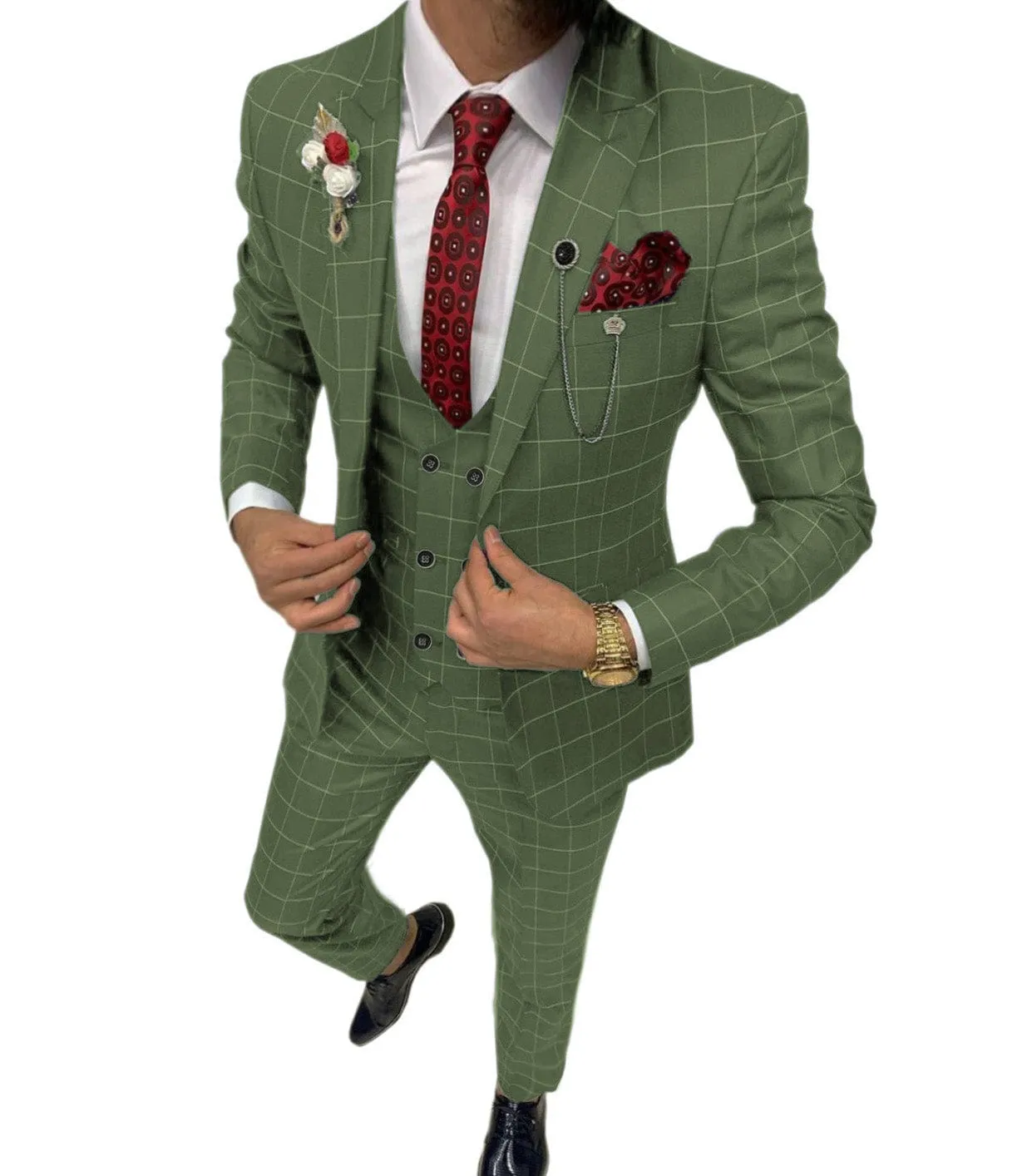 Formal Mens Suit 3 Pieces Check Plaid  Peak Lapel Tuxedos for Wedding (Blazer Vest Pants)